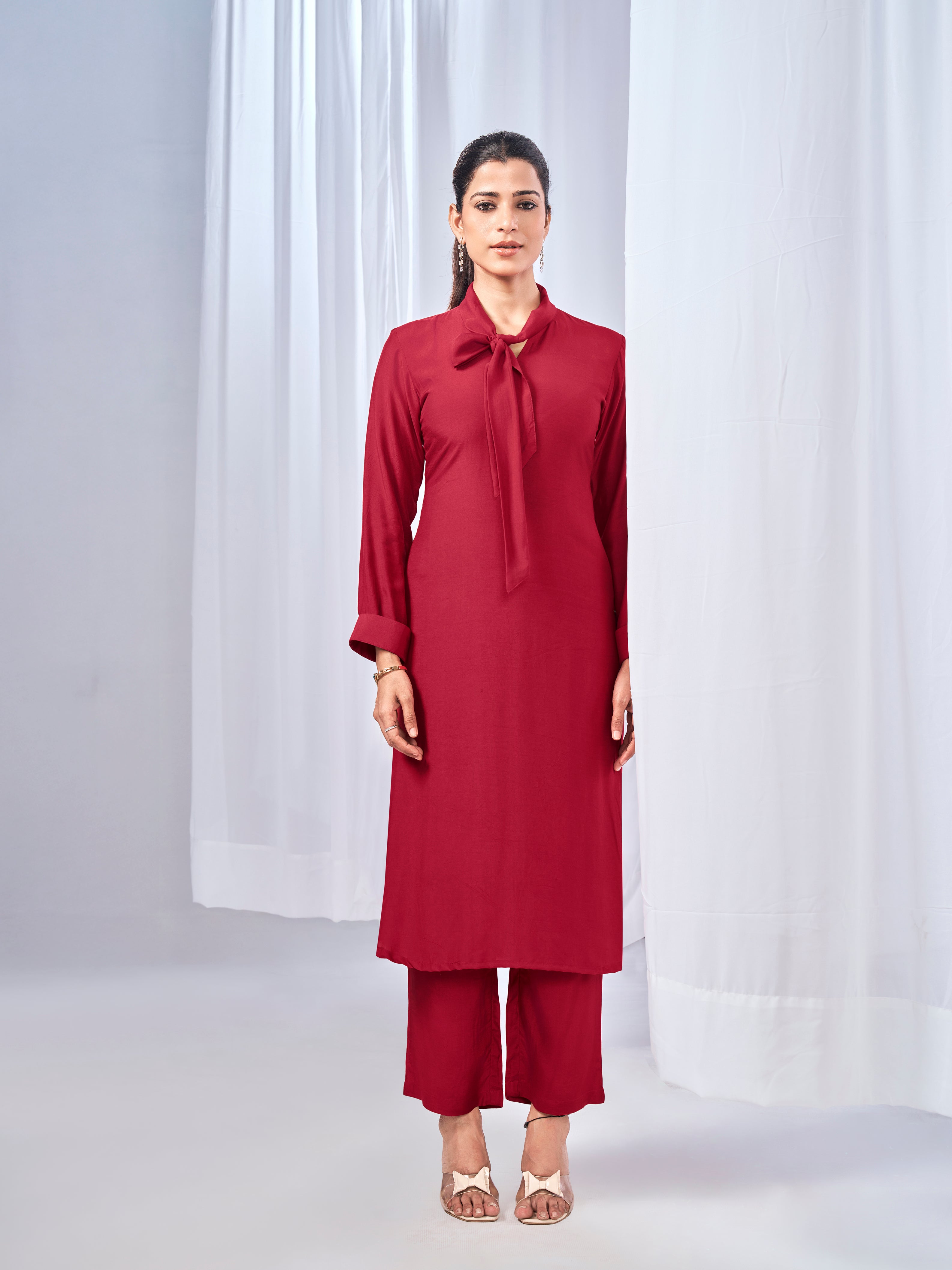 Red coord set with stylish tie-neck detail