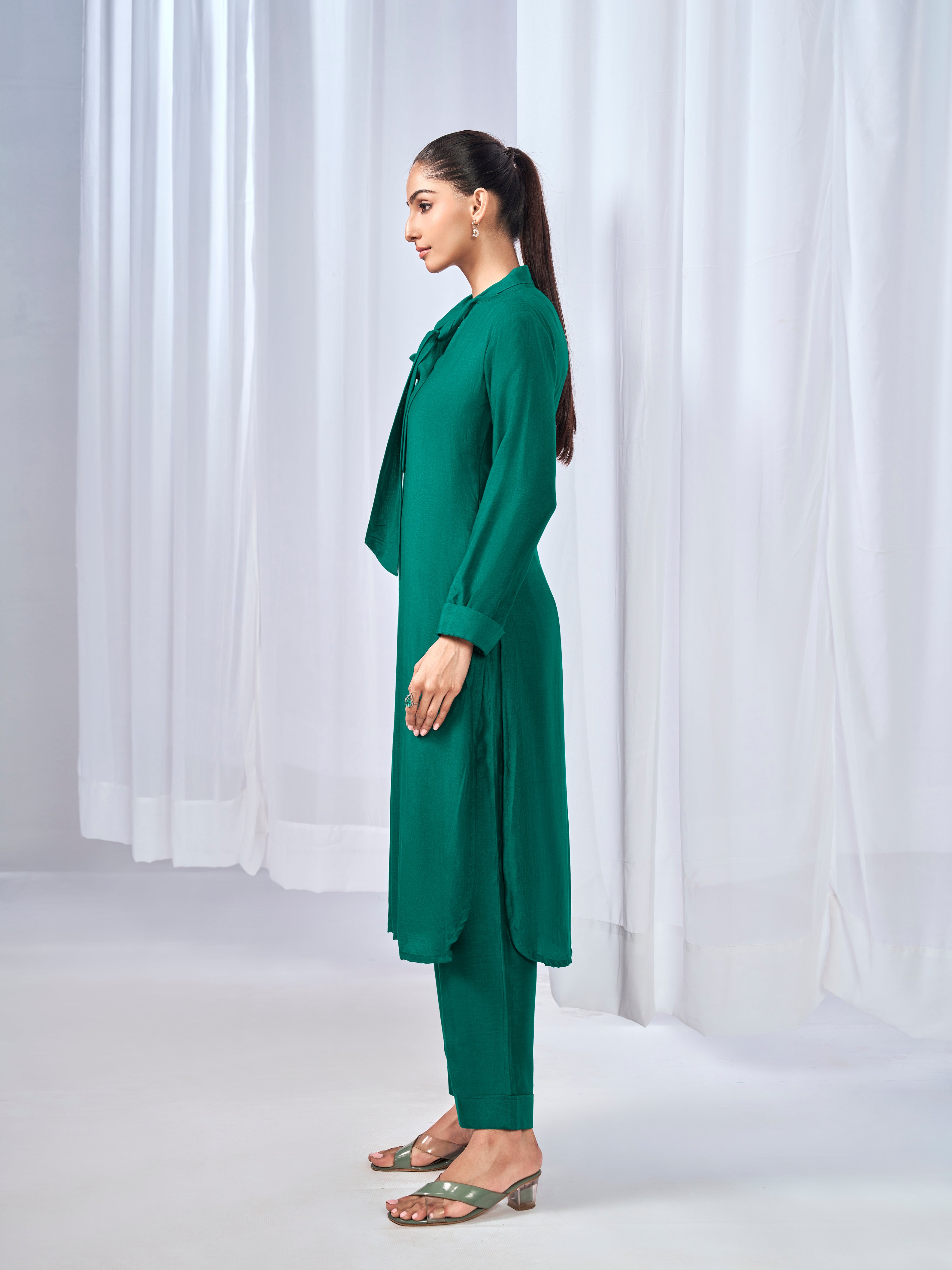 Green co-ord set with a  tie-neck detail