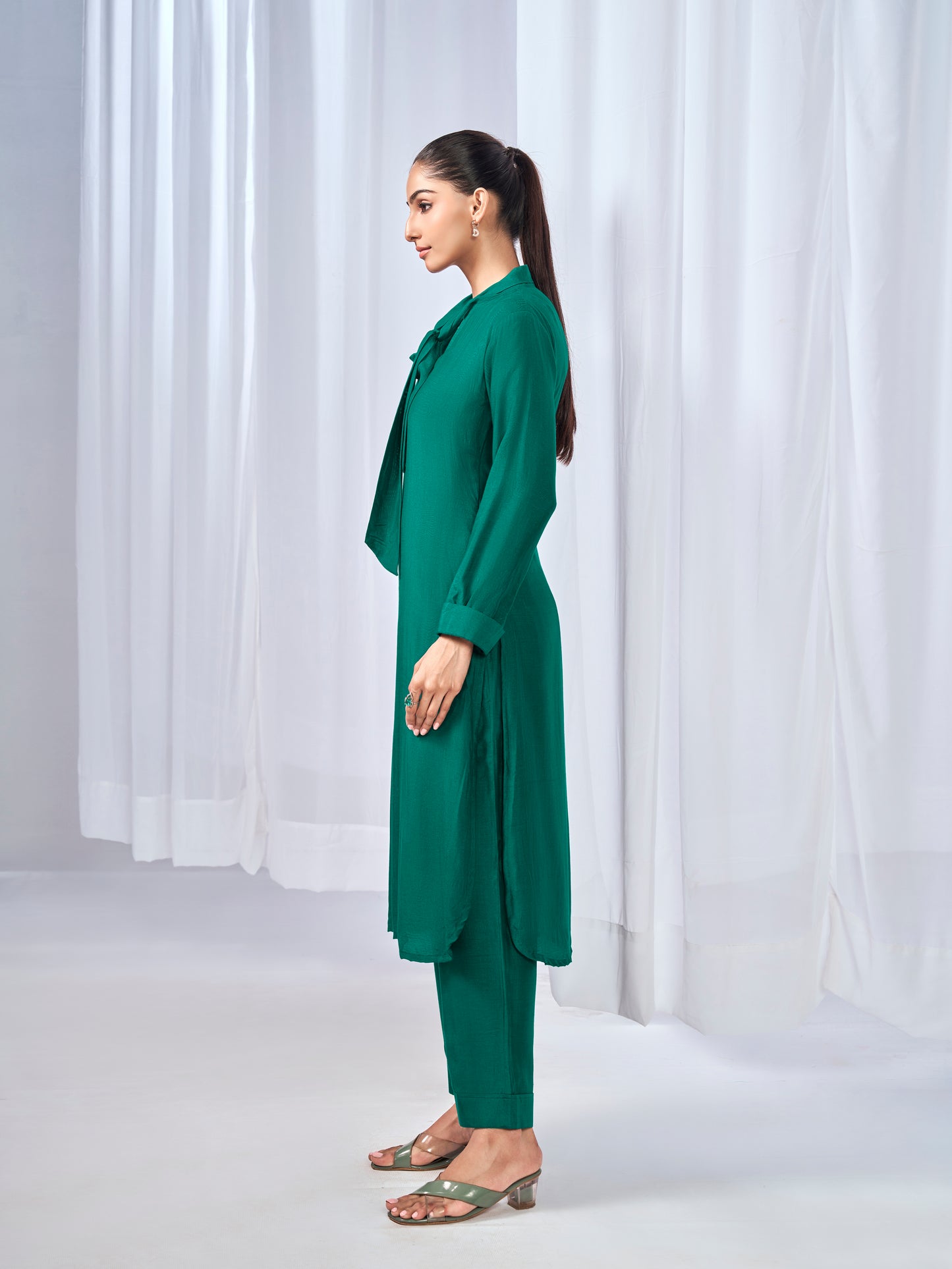 Green co-ord set with a  tie-neck detail