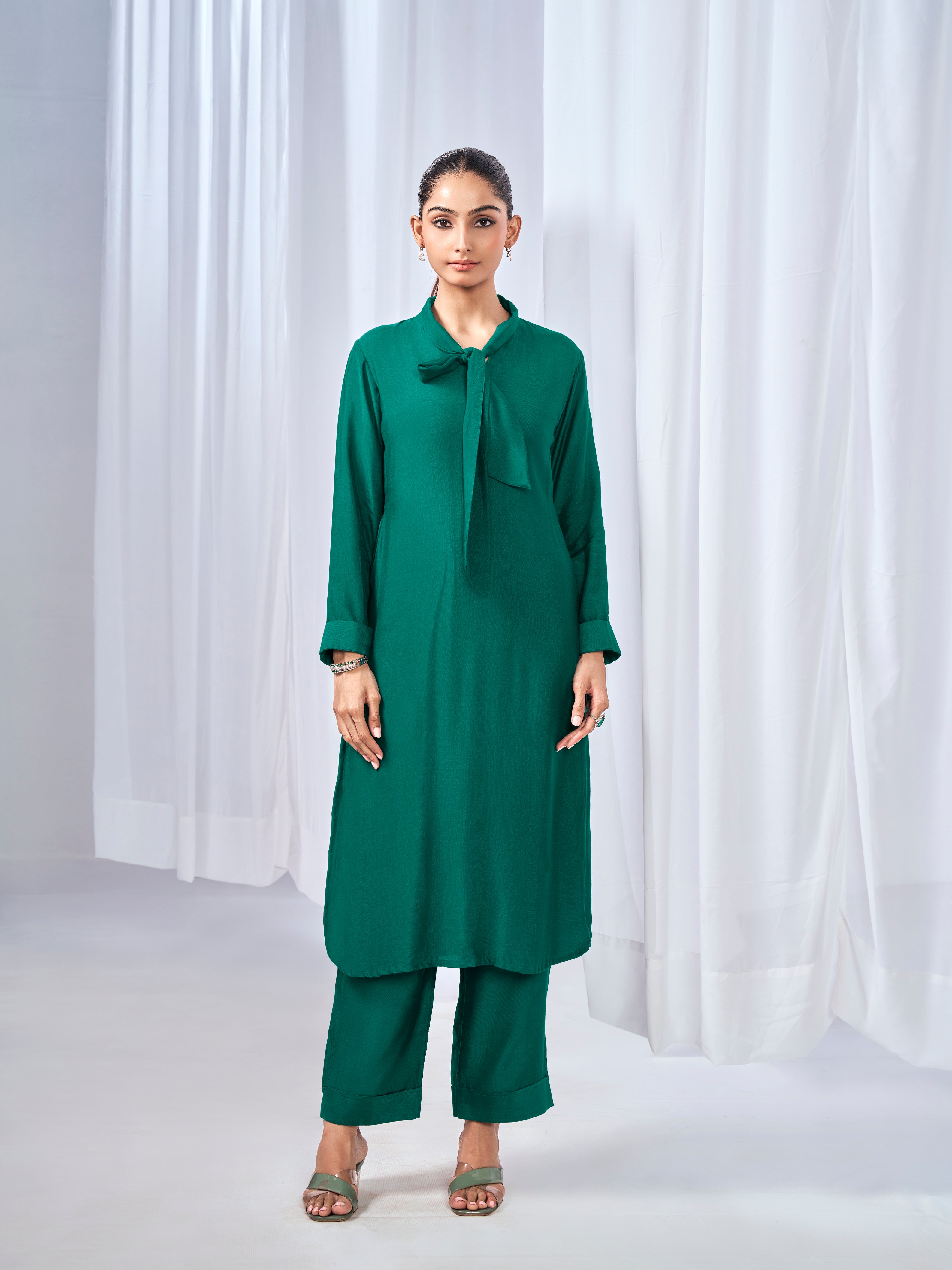 Green co-ord set with a  tie-neck detail