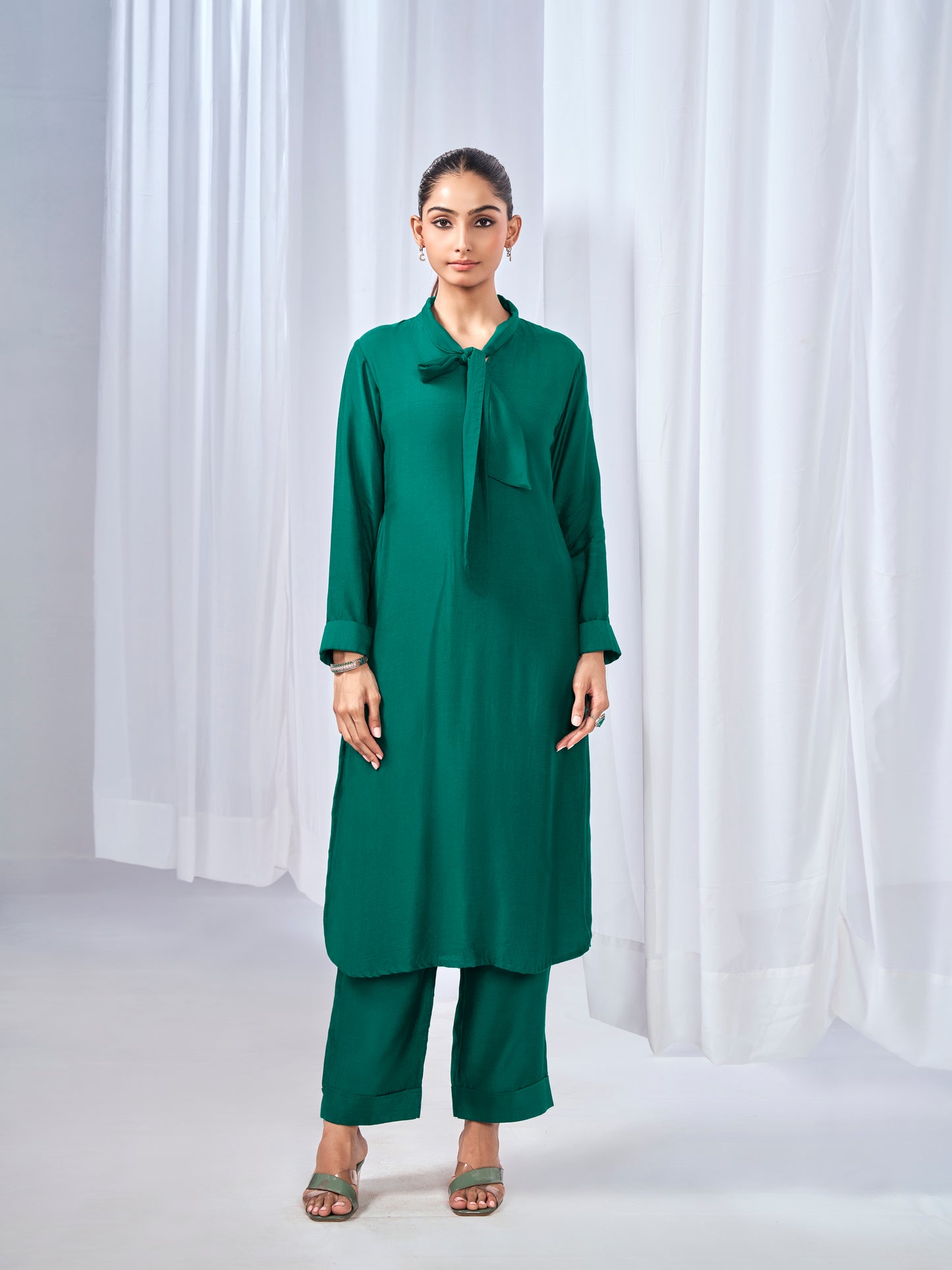 Green co-ord set with a  tie-neck detail