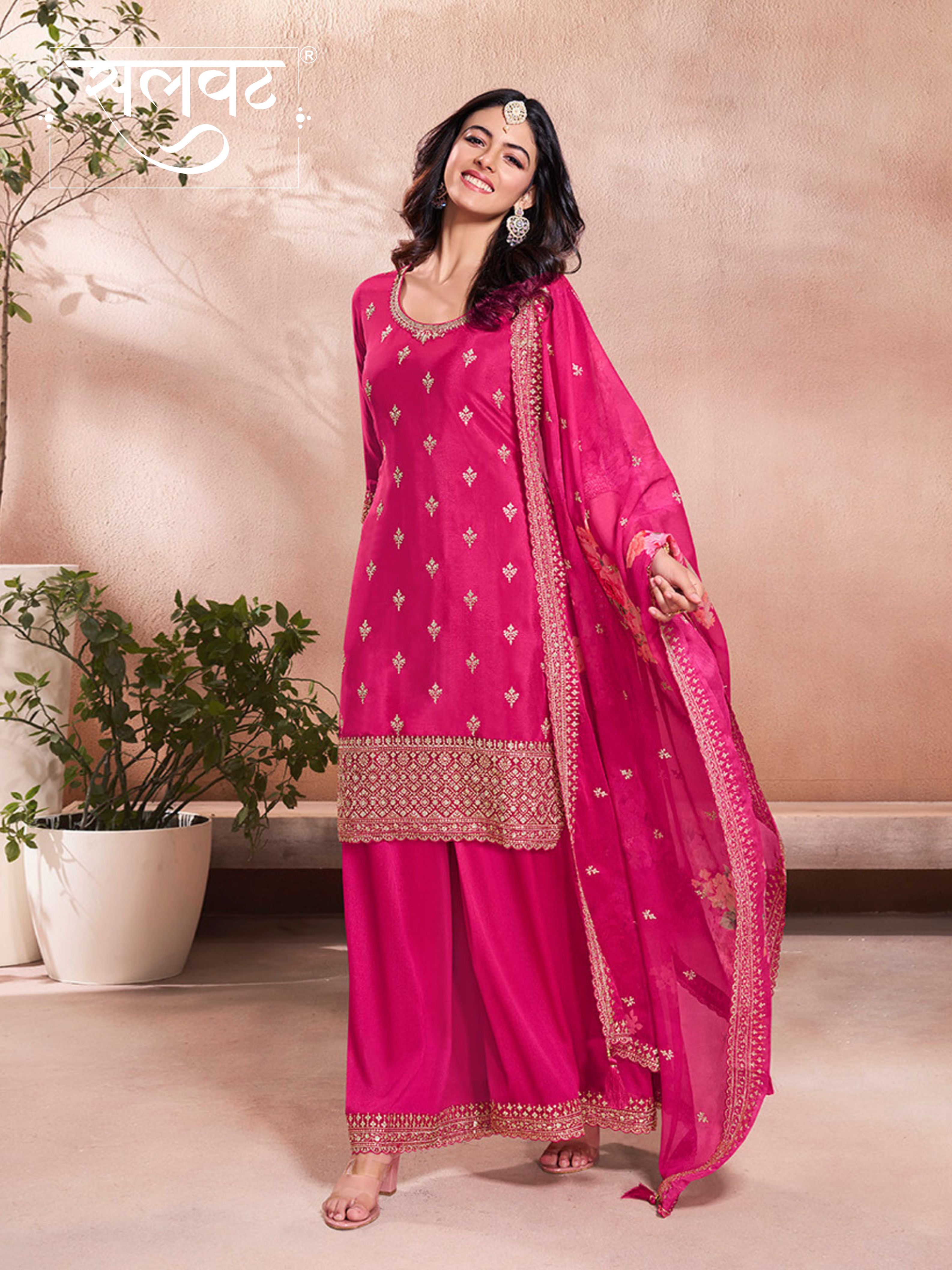 Pink Butti Floral pattern Sequins Embroidered Sharara Suit Set