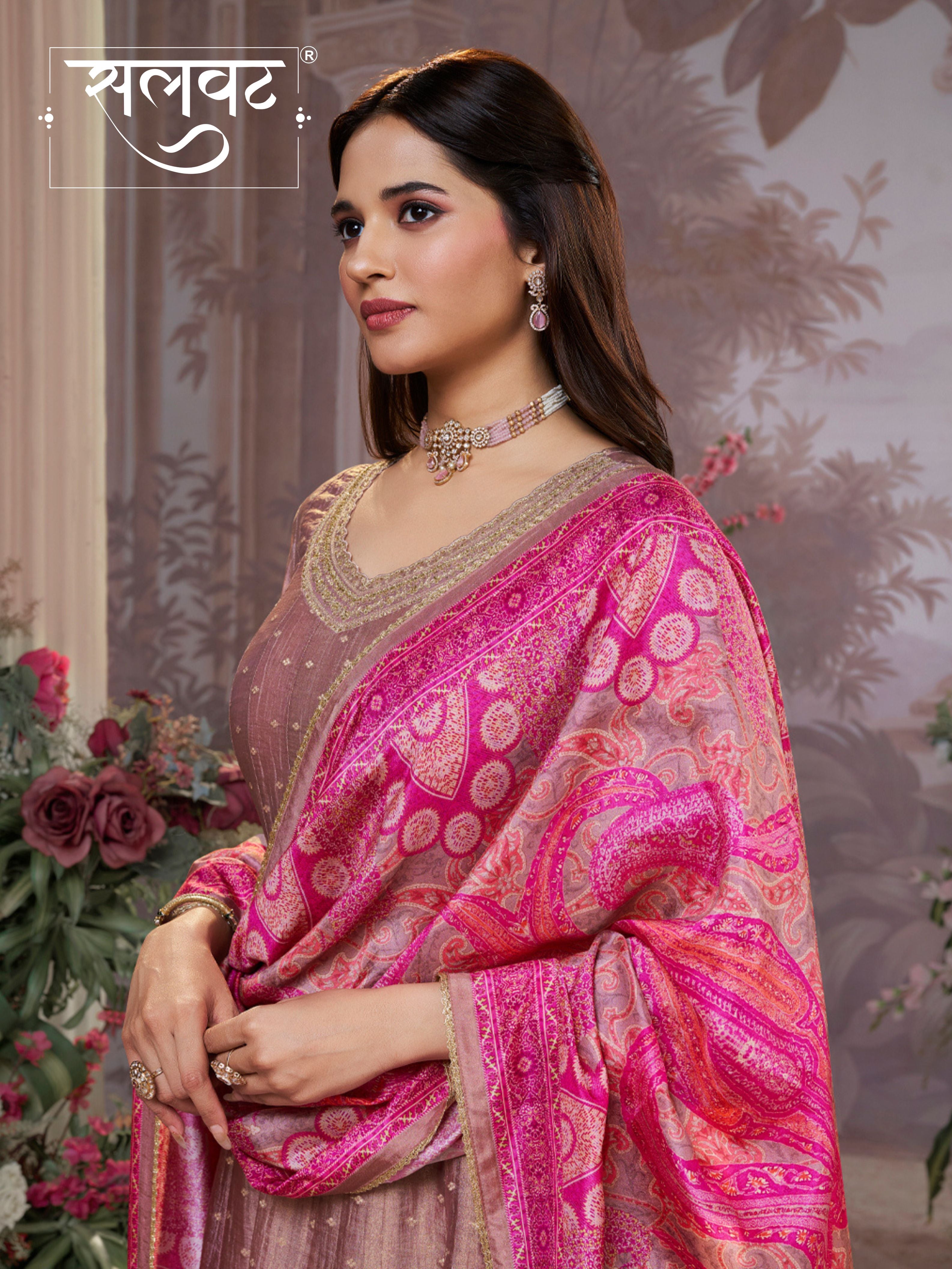 Dusty Rose Tissue Silk Embroidered Anarkali Suit Set with Contrast Digital Print Russian Silk Dupatta