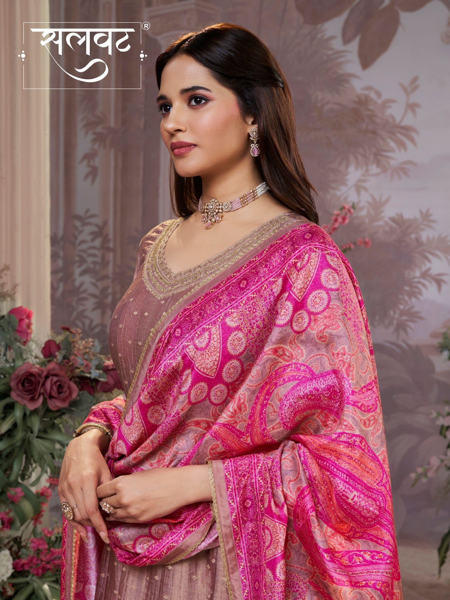 Dusty Rose Tissue Silk Embroidered Anarkali Suit Set with Contrast Digital Print Russian Silk Dupatta