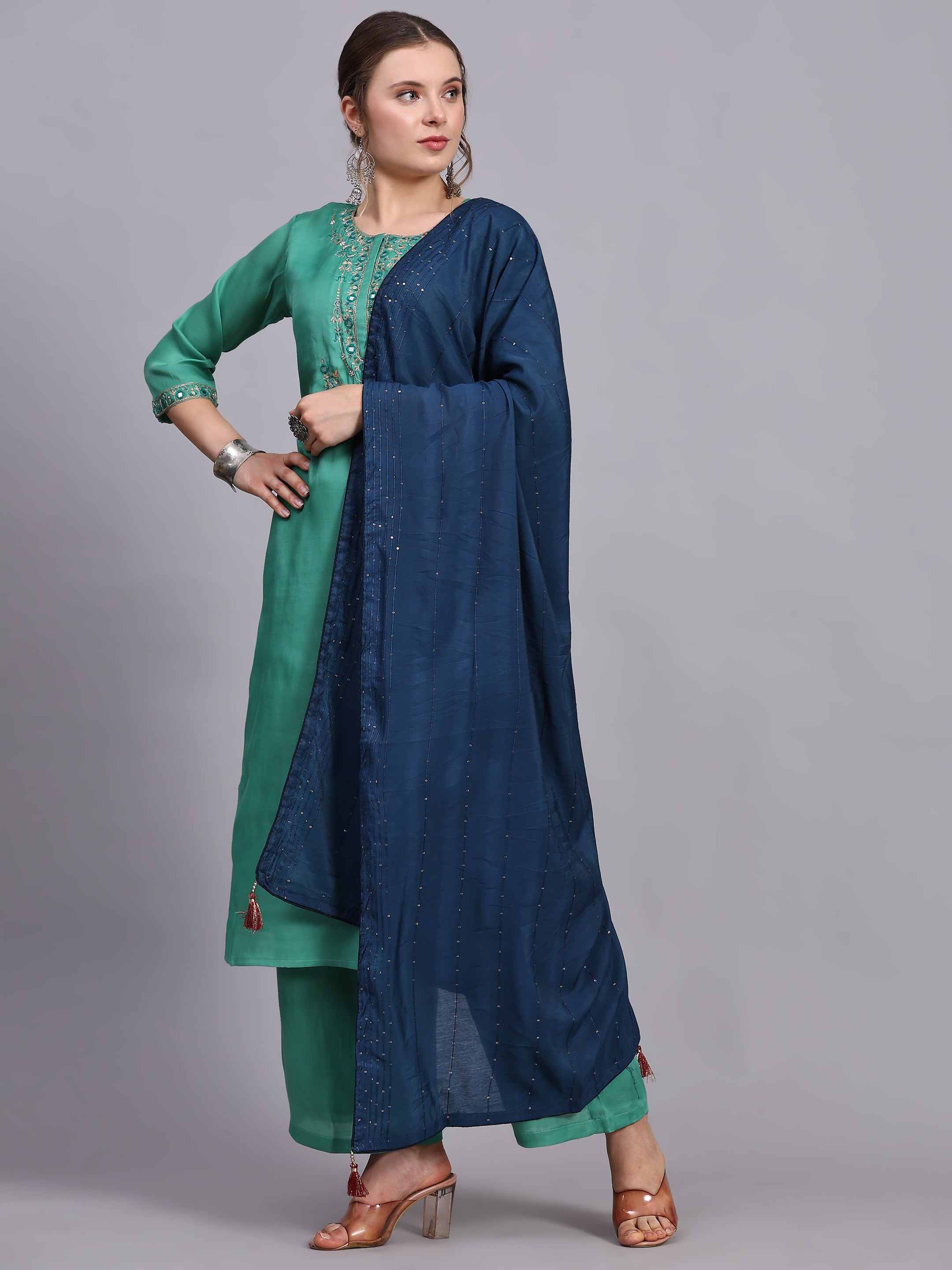 Green Embroidery Viscose Kurta Sets