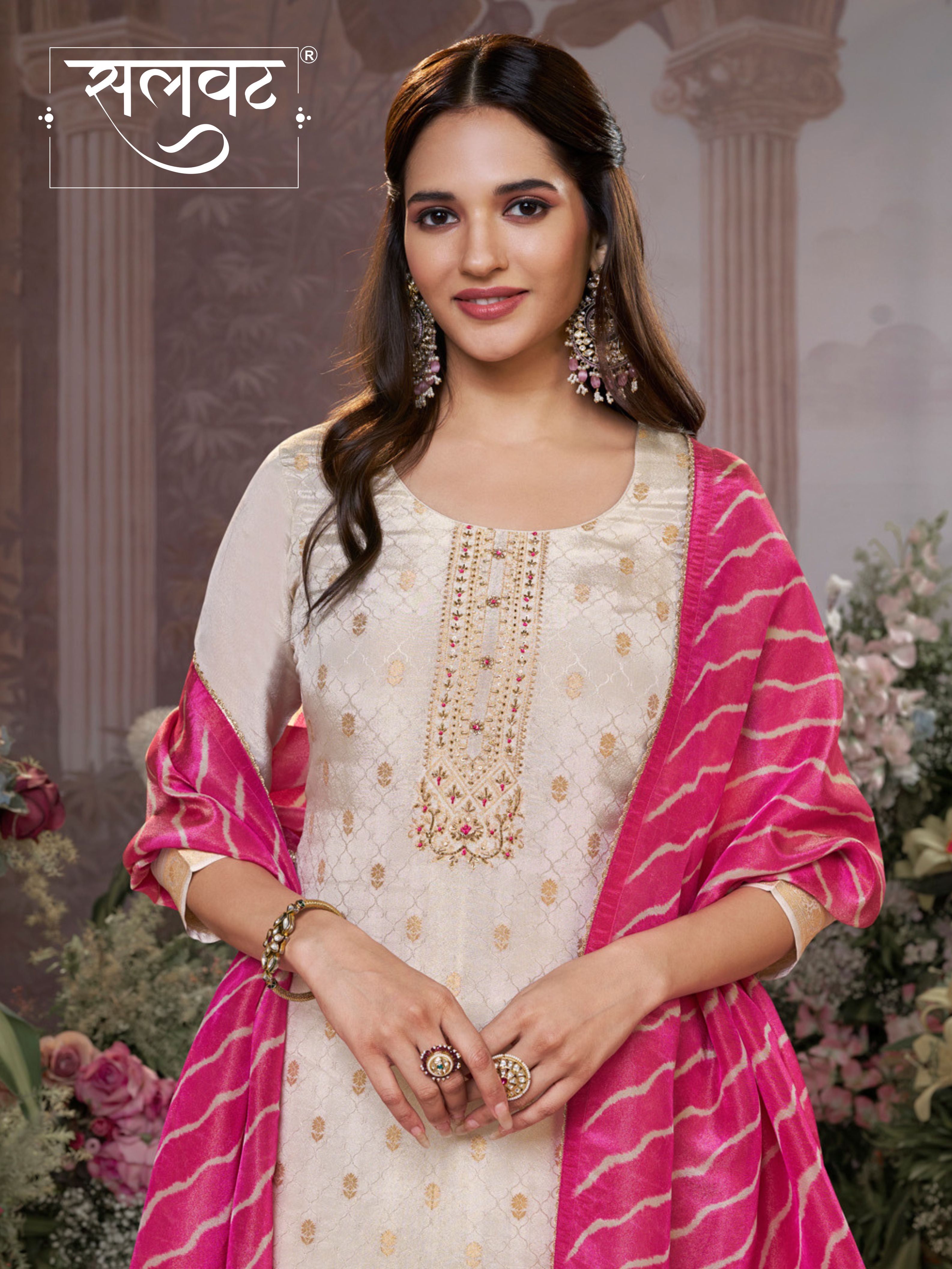 Cream Tissue Jacquard Kurta Set with Pink Contrast Digital Print Dupatta