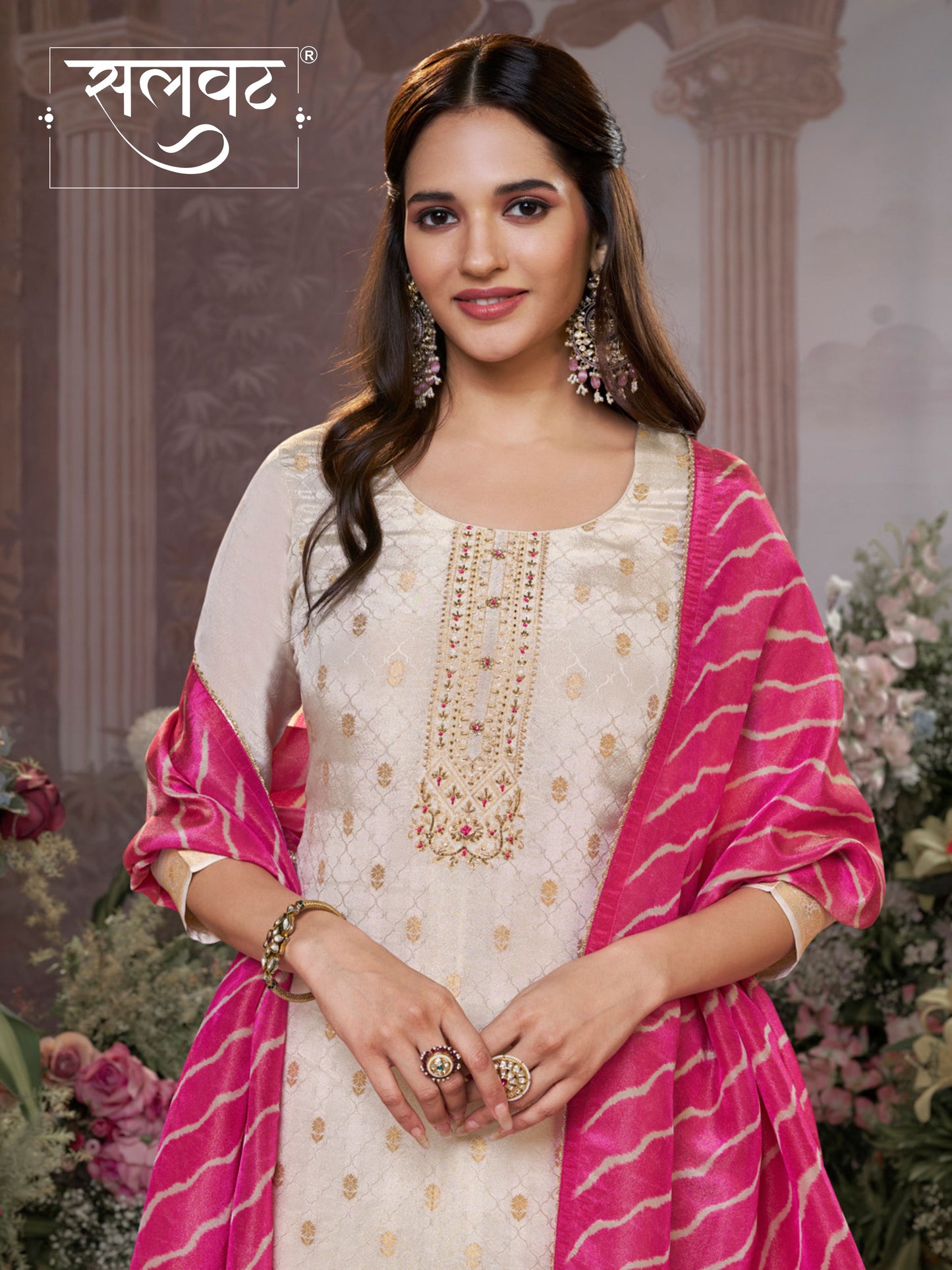 Cream Tissue Jacquard Kurta Set with Pink Contrast Digital Print Dupatta