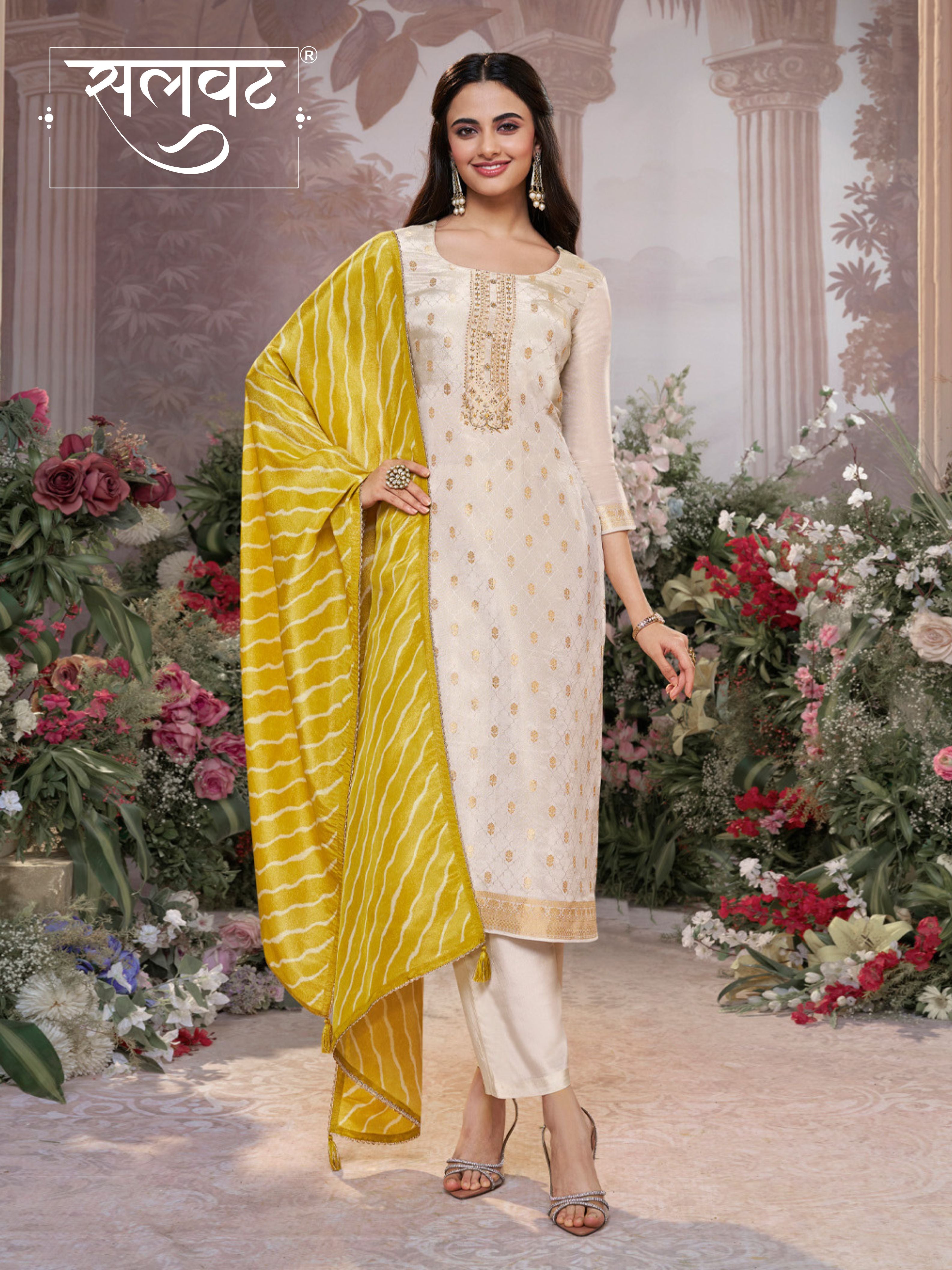 Cream Tissue Jacquard Kurta Set with Yellow Contrast Digital Print Dupatta