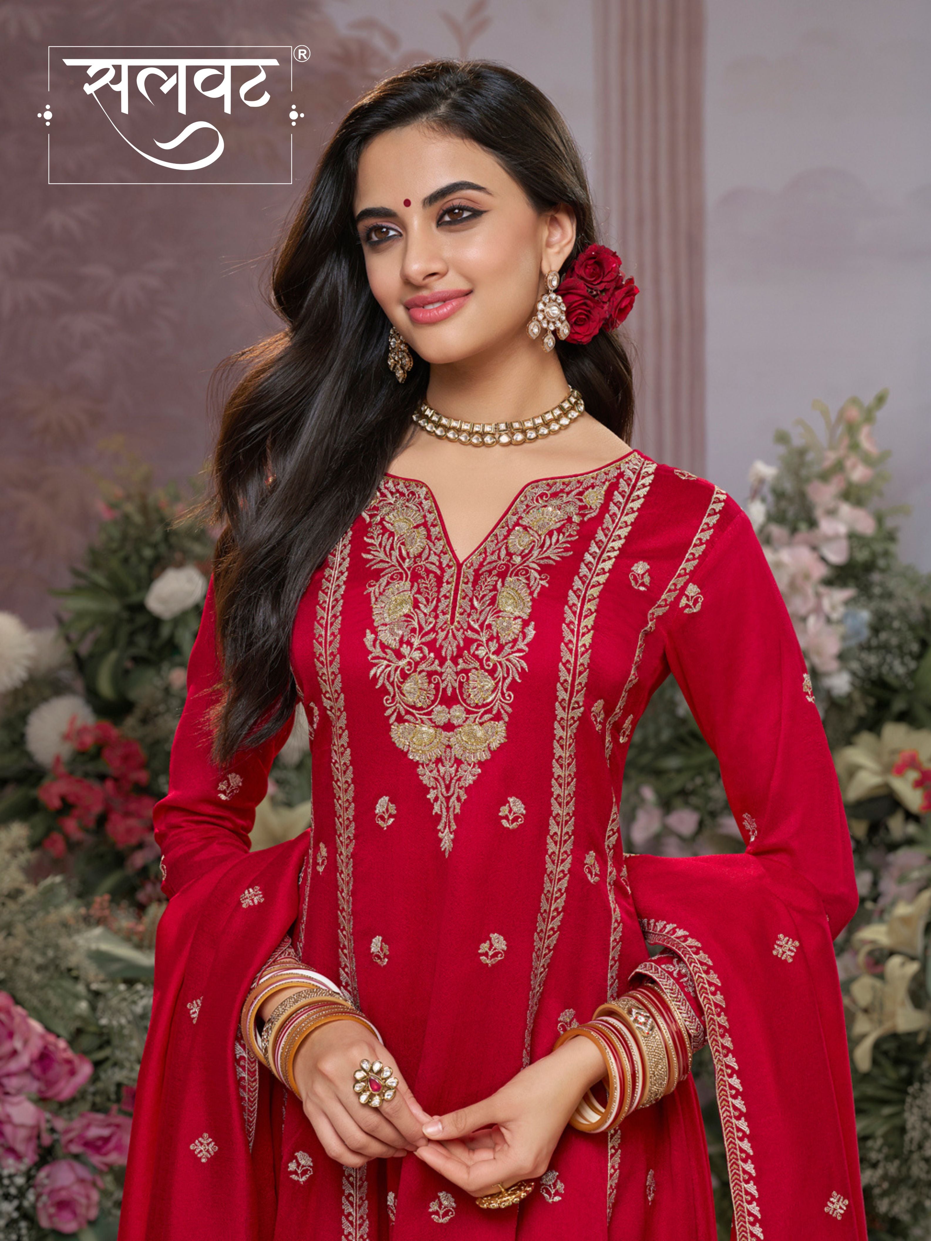 Red Vichitra Silk Kurta Suit Set with Embroidered Work Paired with Vichitra Silk Dupatta with Embroidered Work