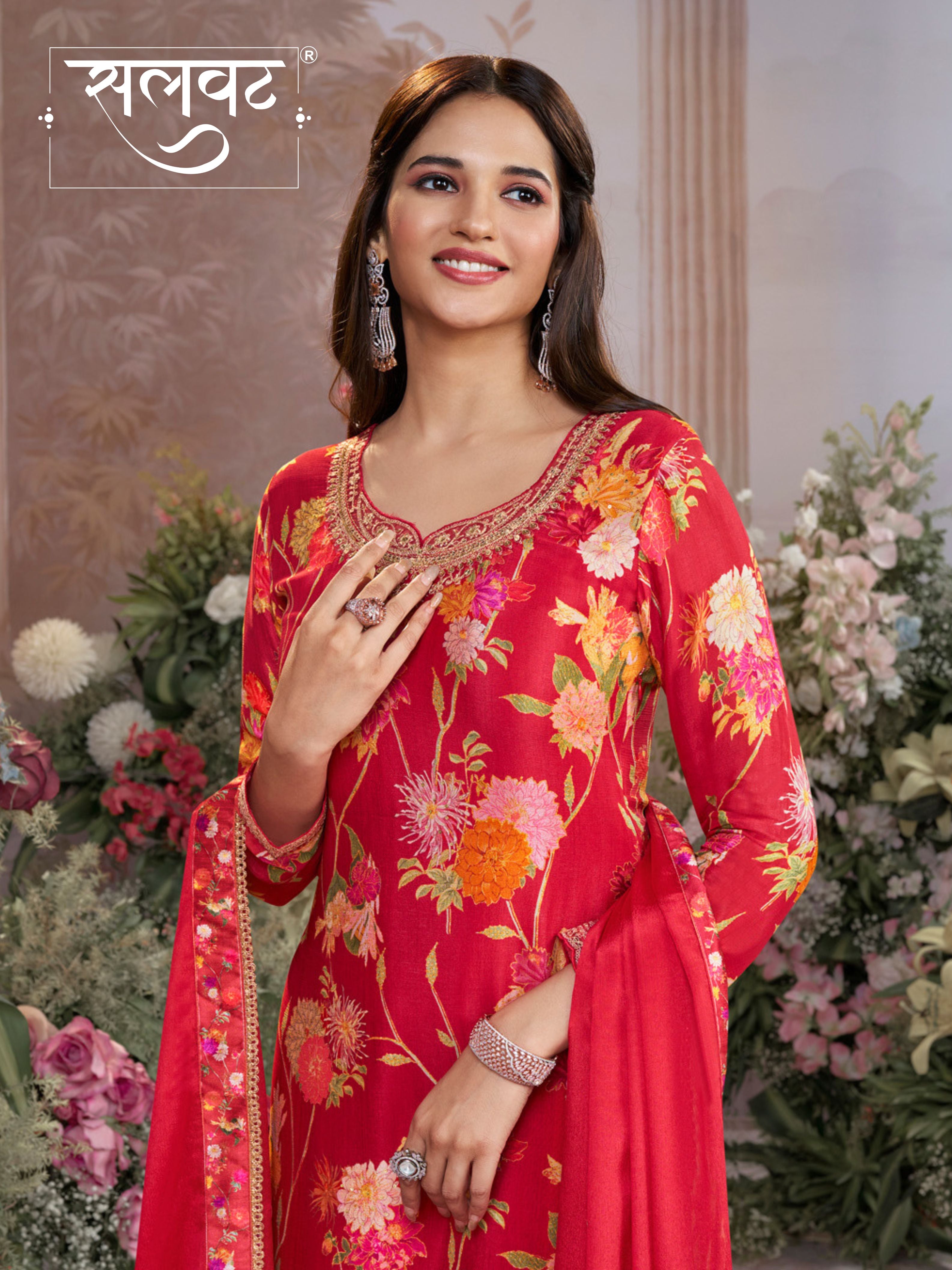 Red Chinon Sharara Set with Floral Print and Embroidery