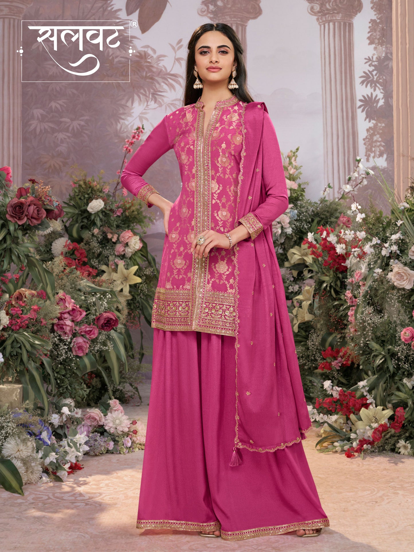 Pink Chinon Kurta Set with Heavy Jacquard Work Paired with Chinon Dupatta with Embroidered Work.