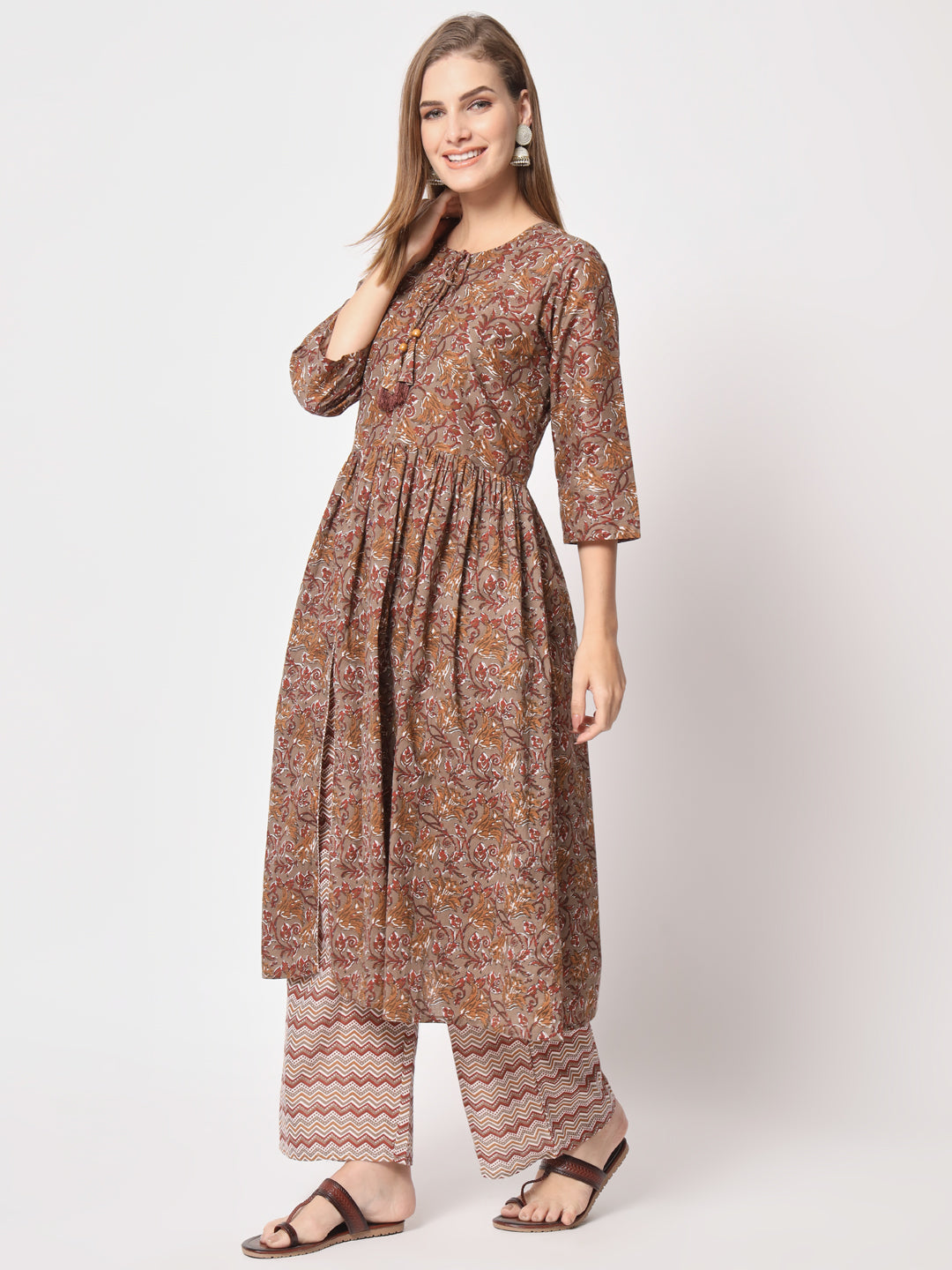 Brown Printed Everyday Cotton Kurta Set