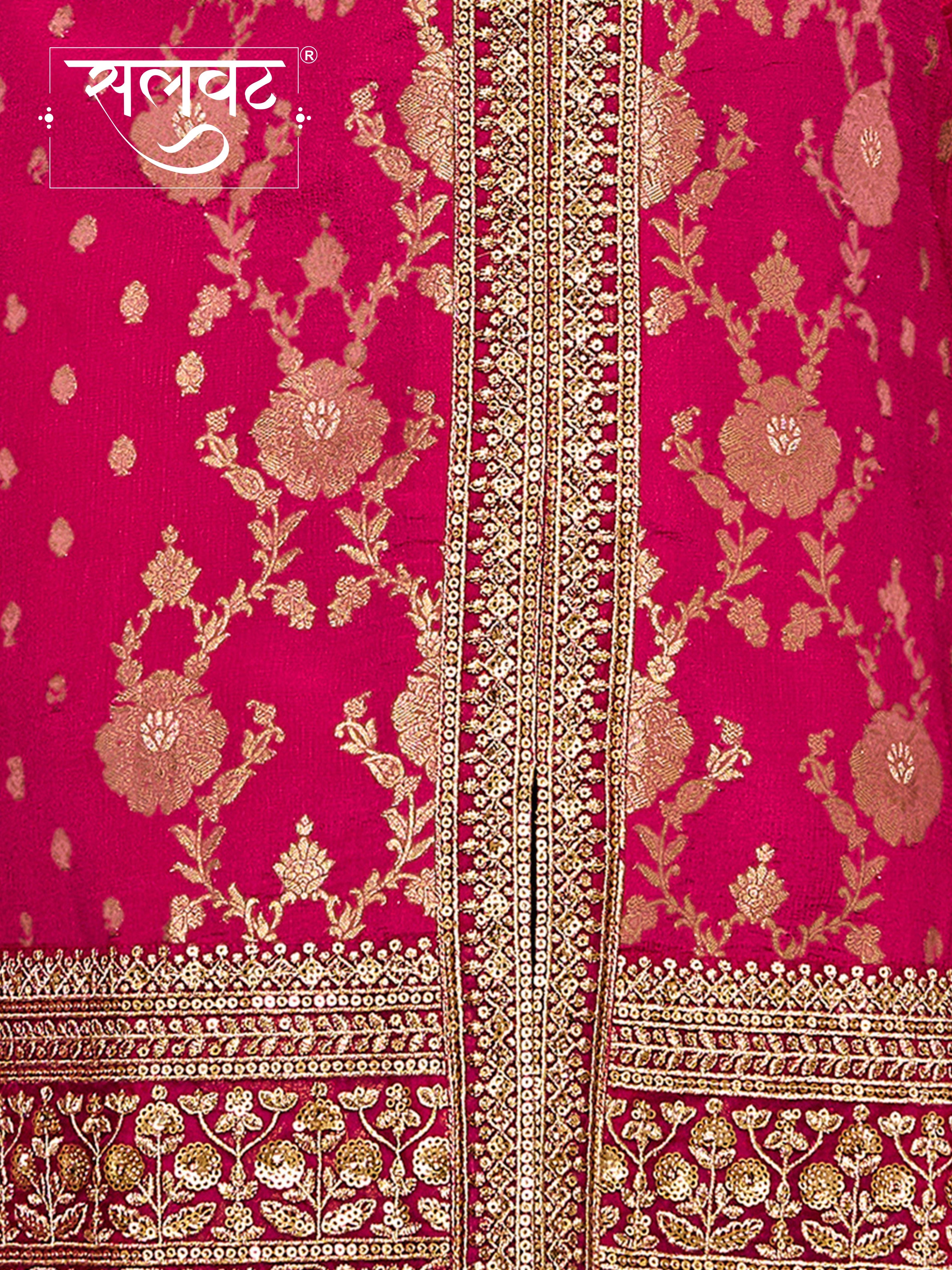Hot Pink Chinon Kurta Set with Heavy Jacquard Work Paired with Chinon Dupatta with Embroidered Work.