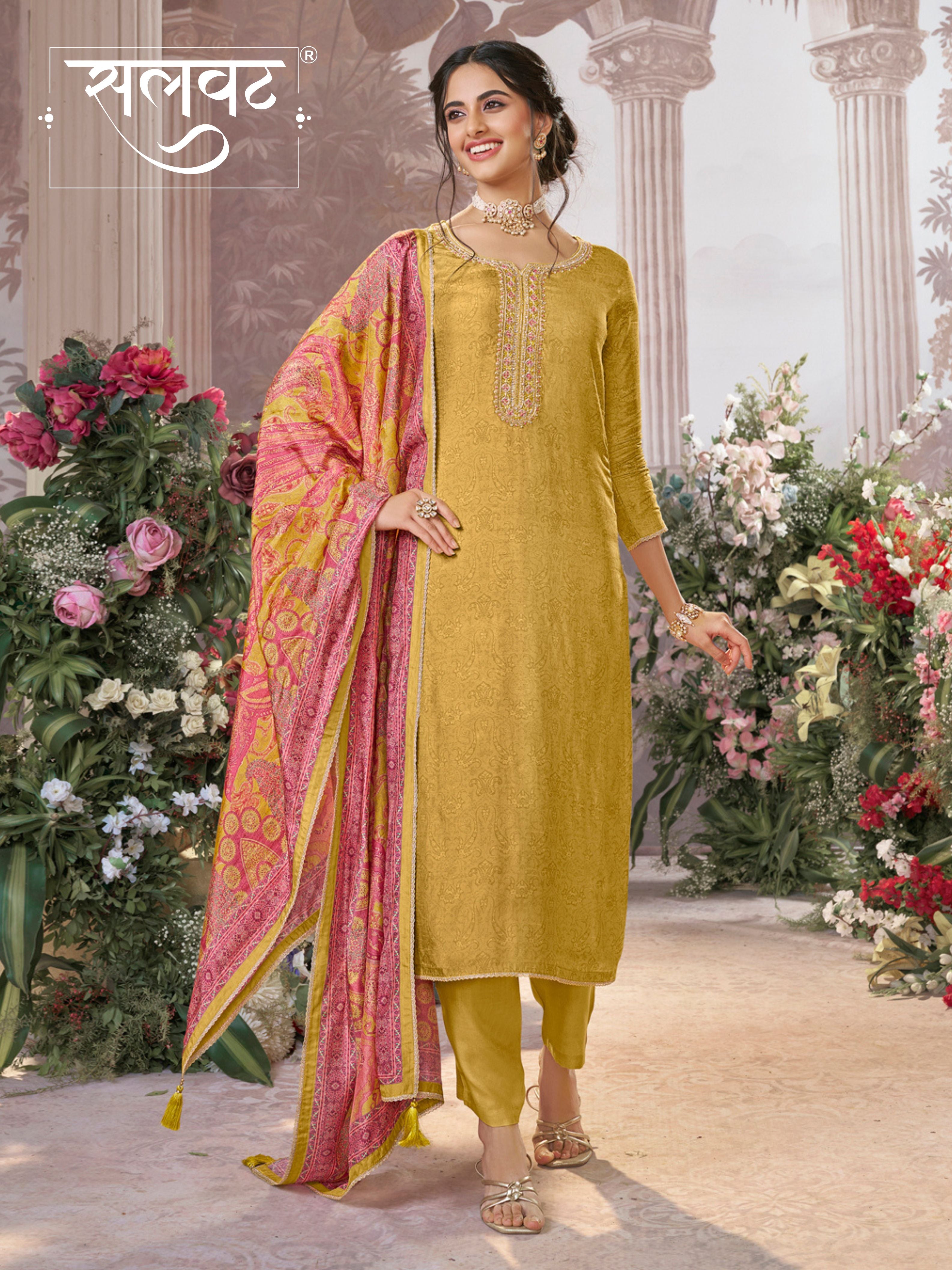 Yellow Russian Silk Kurta With Digital Print Work Paired With Russian Milk Digital Print Contrast Dupatta