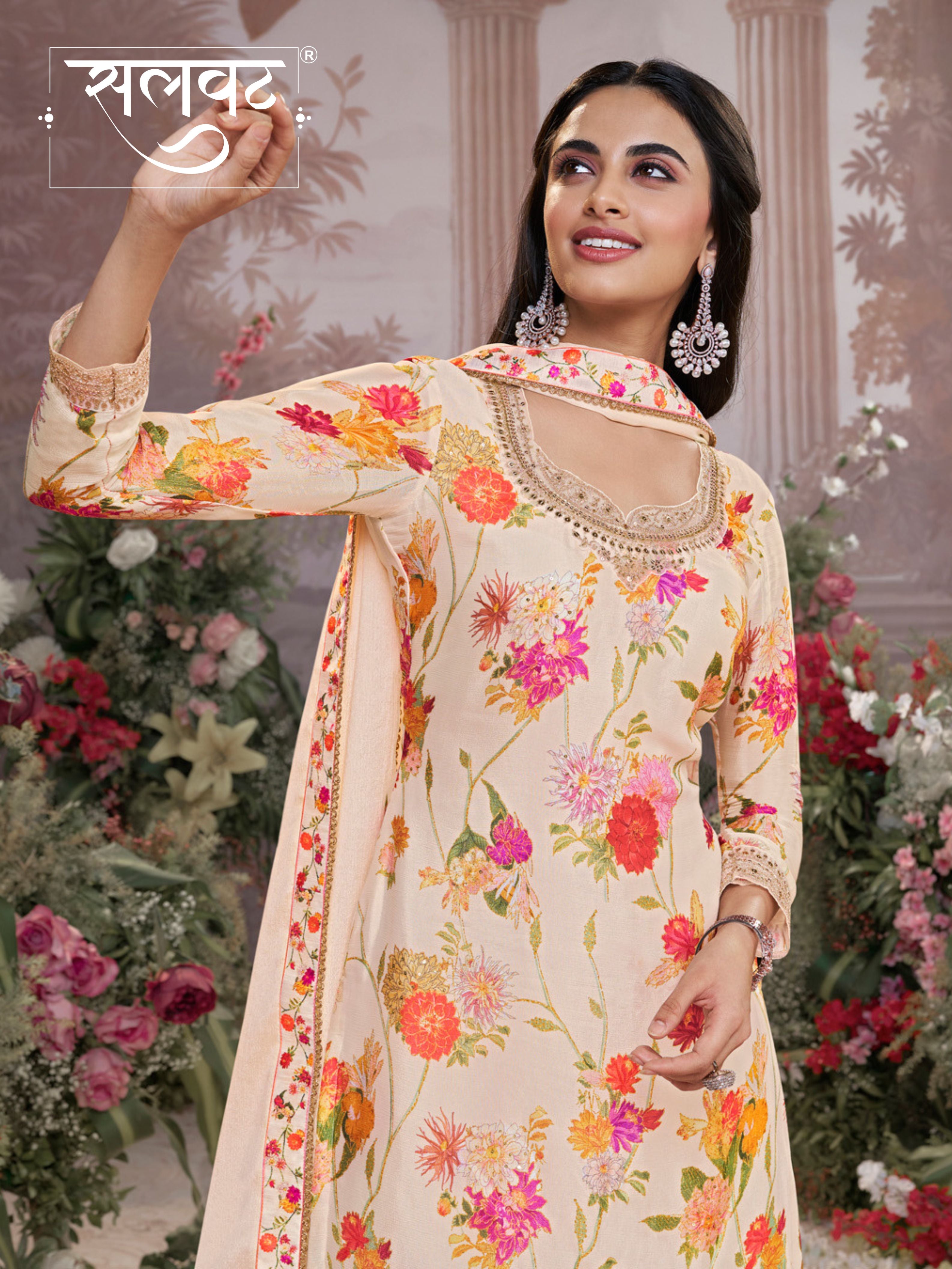 Off-White Chinon Sharara Set with Floral Print and Embroidery