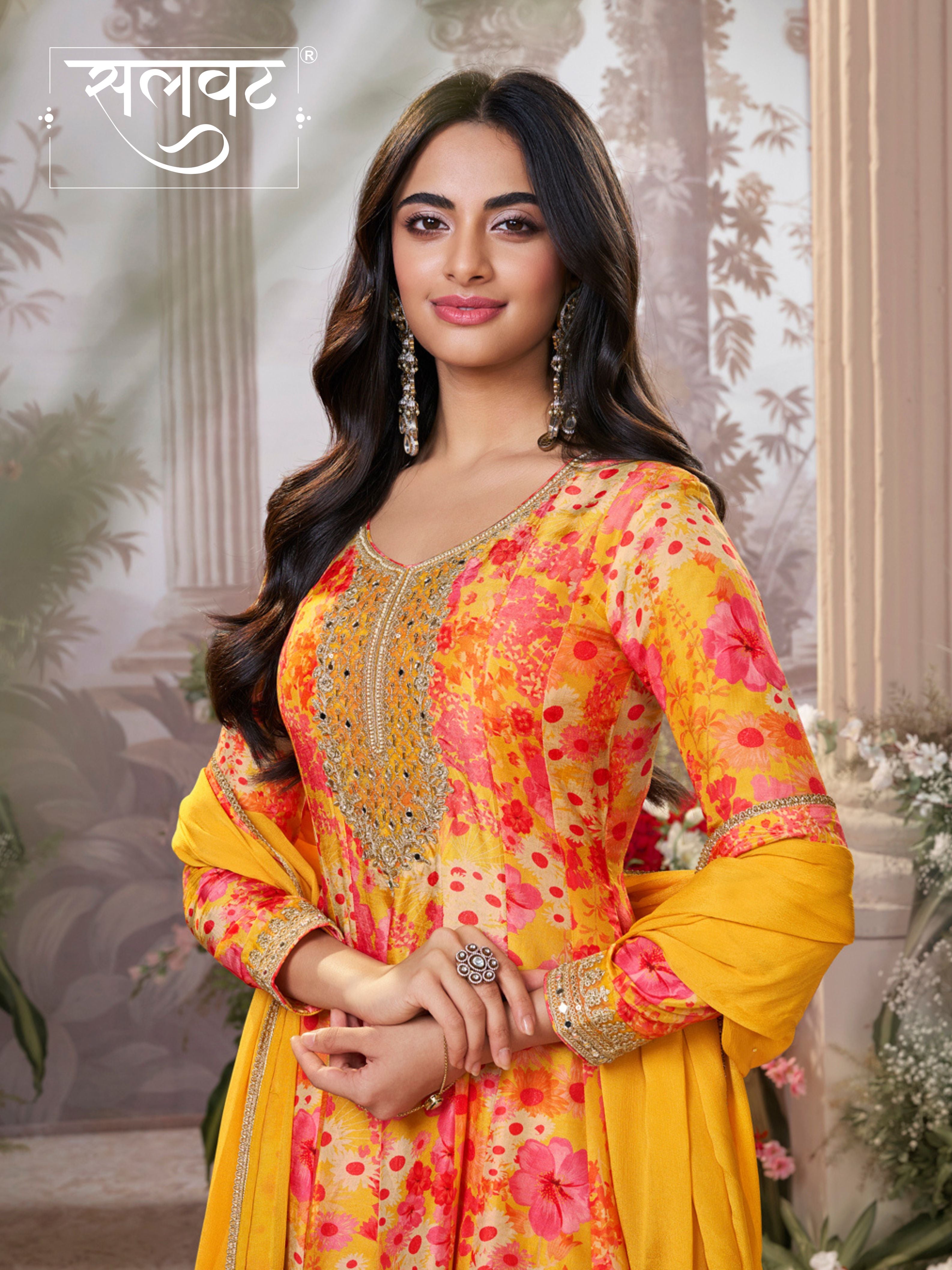 Mustard Russian Silk Mirror Work Sharara Set paired with Chinon Dupatta with Digital Printed Borders