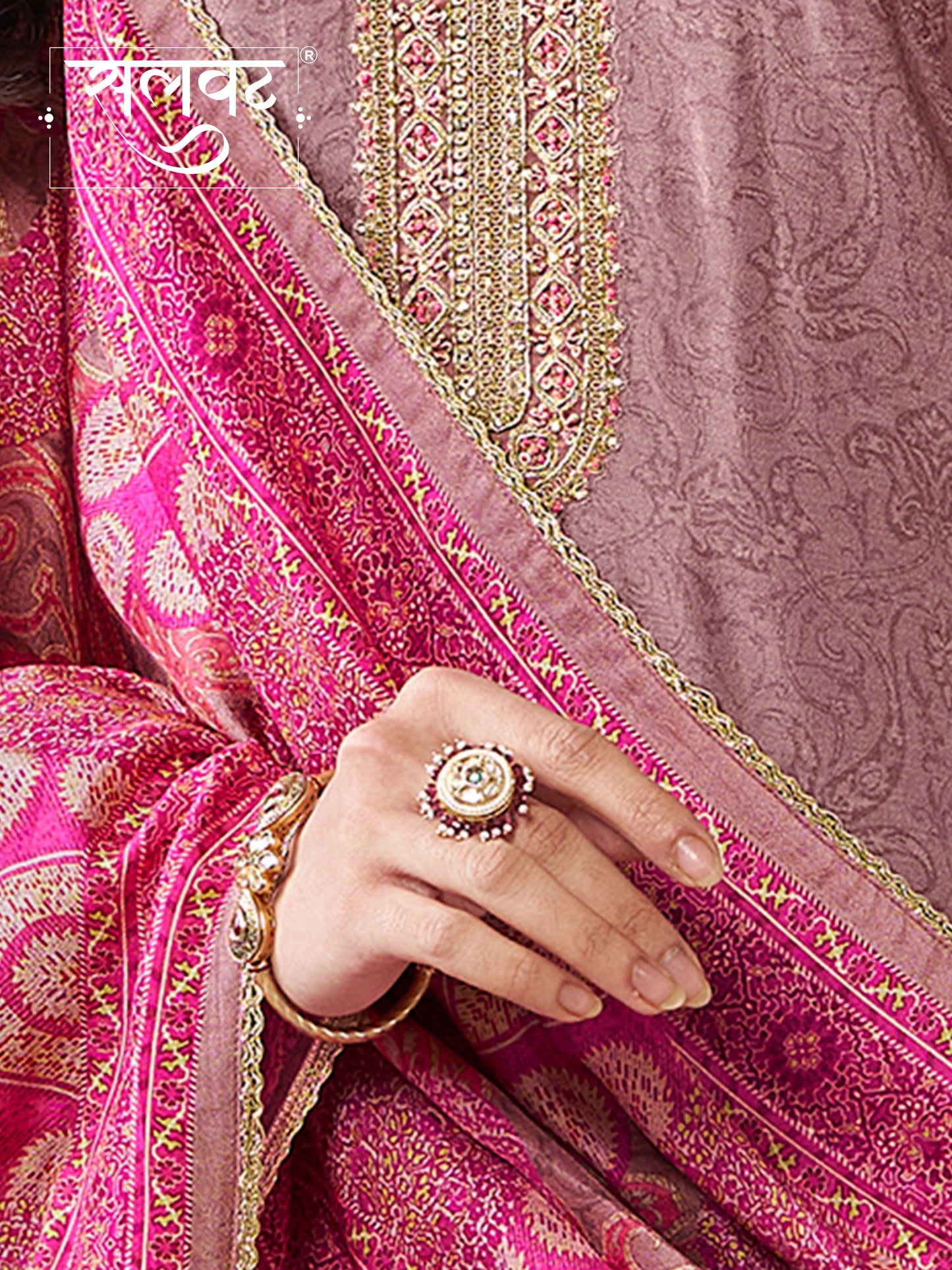 Dusty Rose Russian Silk Kurta With Digital Print Work Paired With Russian Milk Digital Print Contrast Dupatta