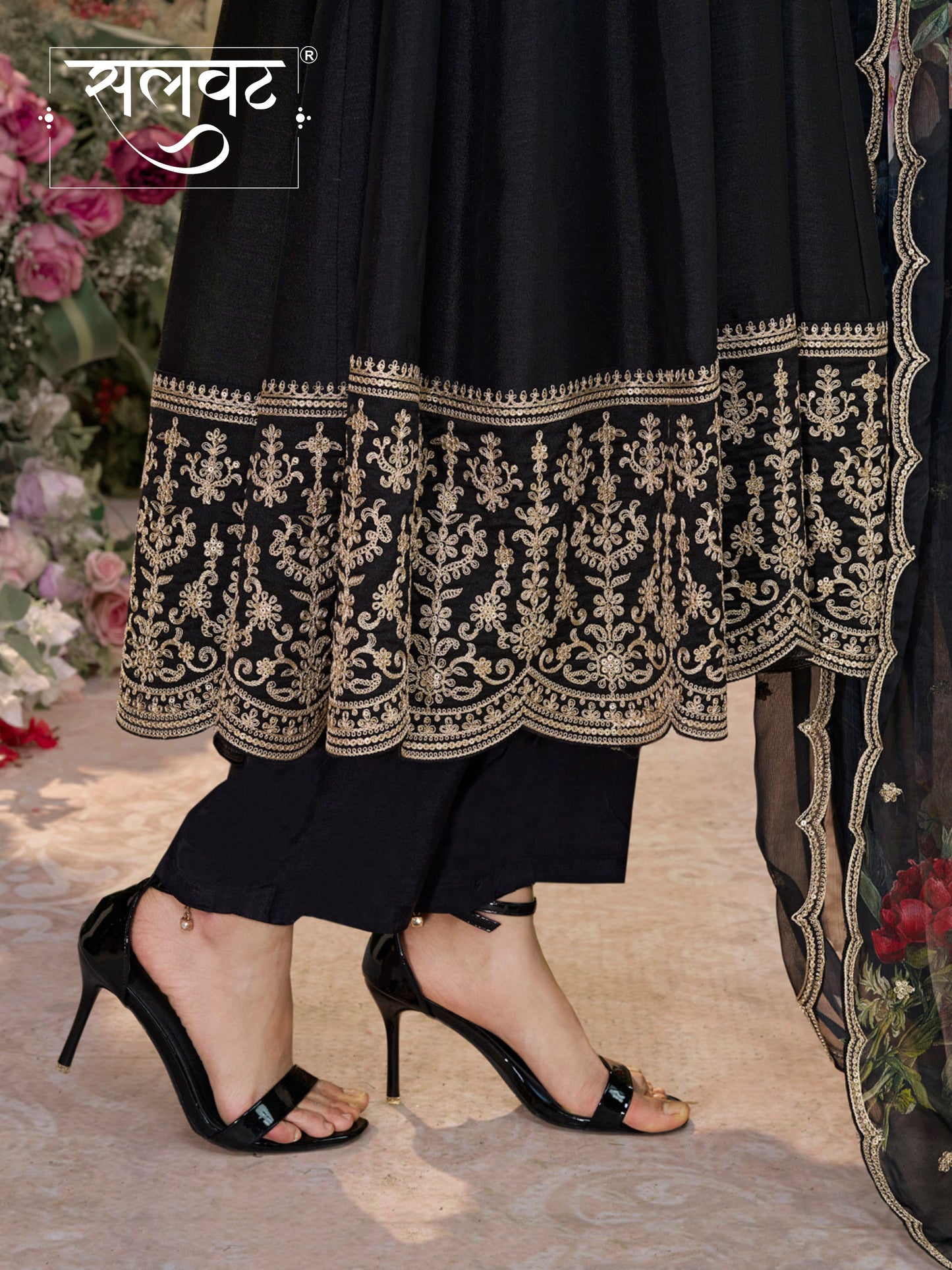 Black Vichitra Silk Embroidered Anarkali Set with Digital Printed Chiffon Dupatta