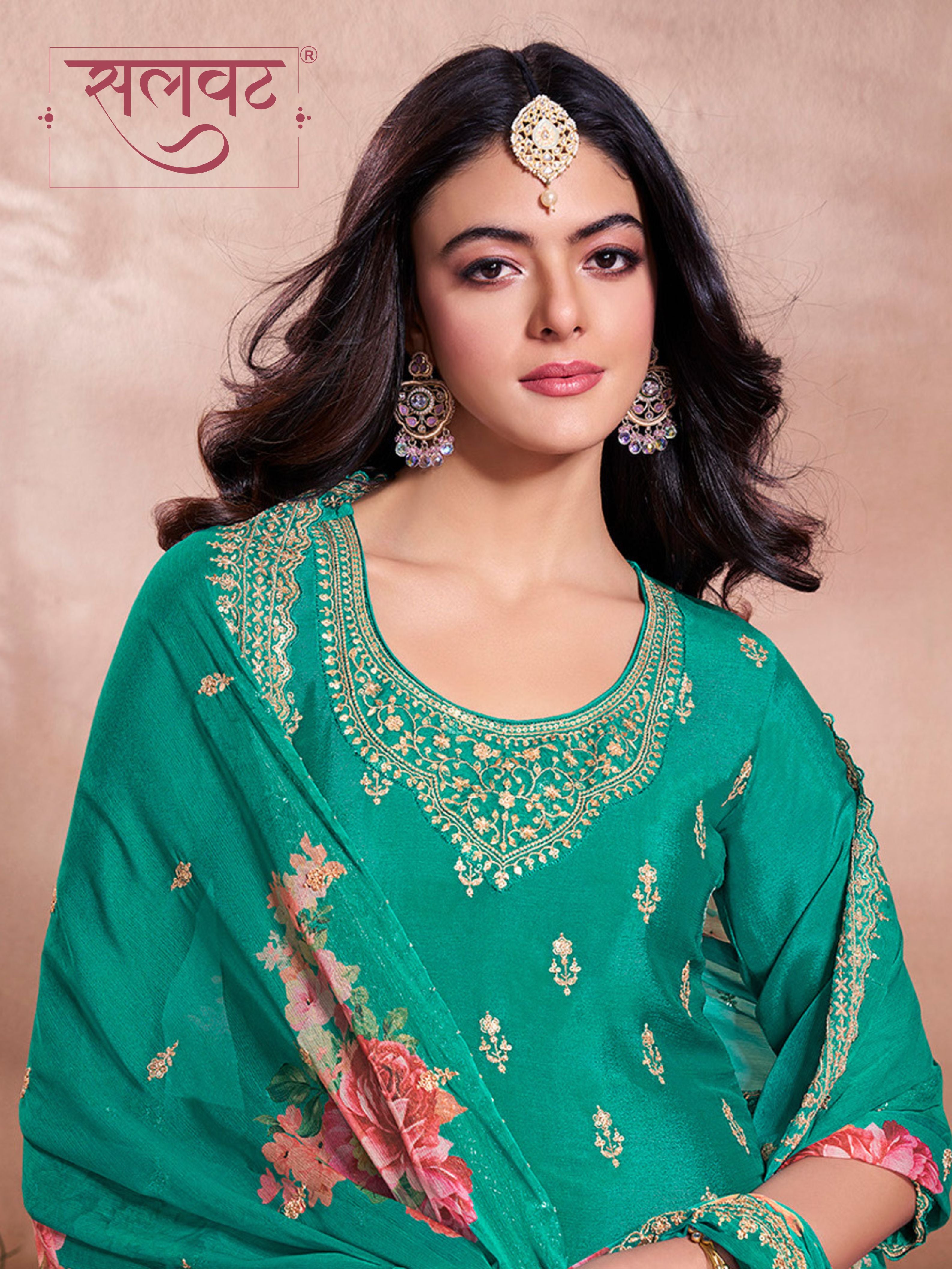 Teal Green Butti Floral pattern Sequins Embroidered Sharara Suit Set
