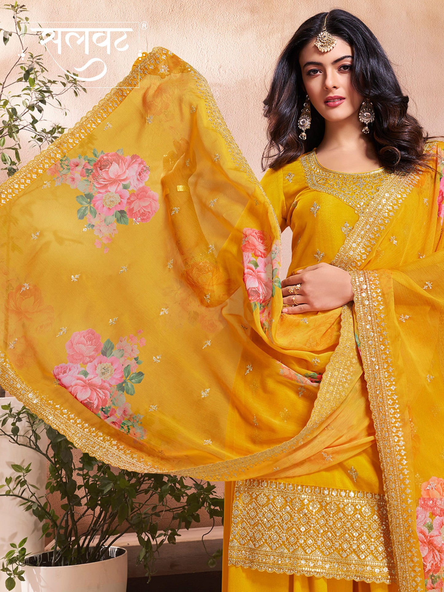 Yellow Butti Floral pattern Sequins Embroidered Sharara Suit Set