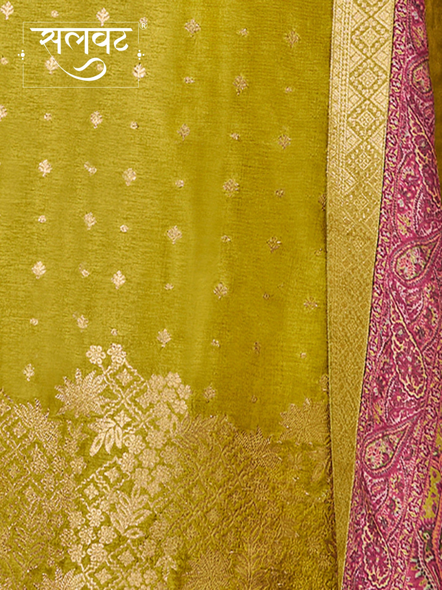 Yellow Dola Silk Kurta Set with Jacquard Detailing and Intricate Embroidery, Paired with a Cherry Silk Dupatta
