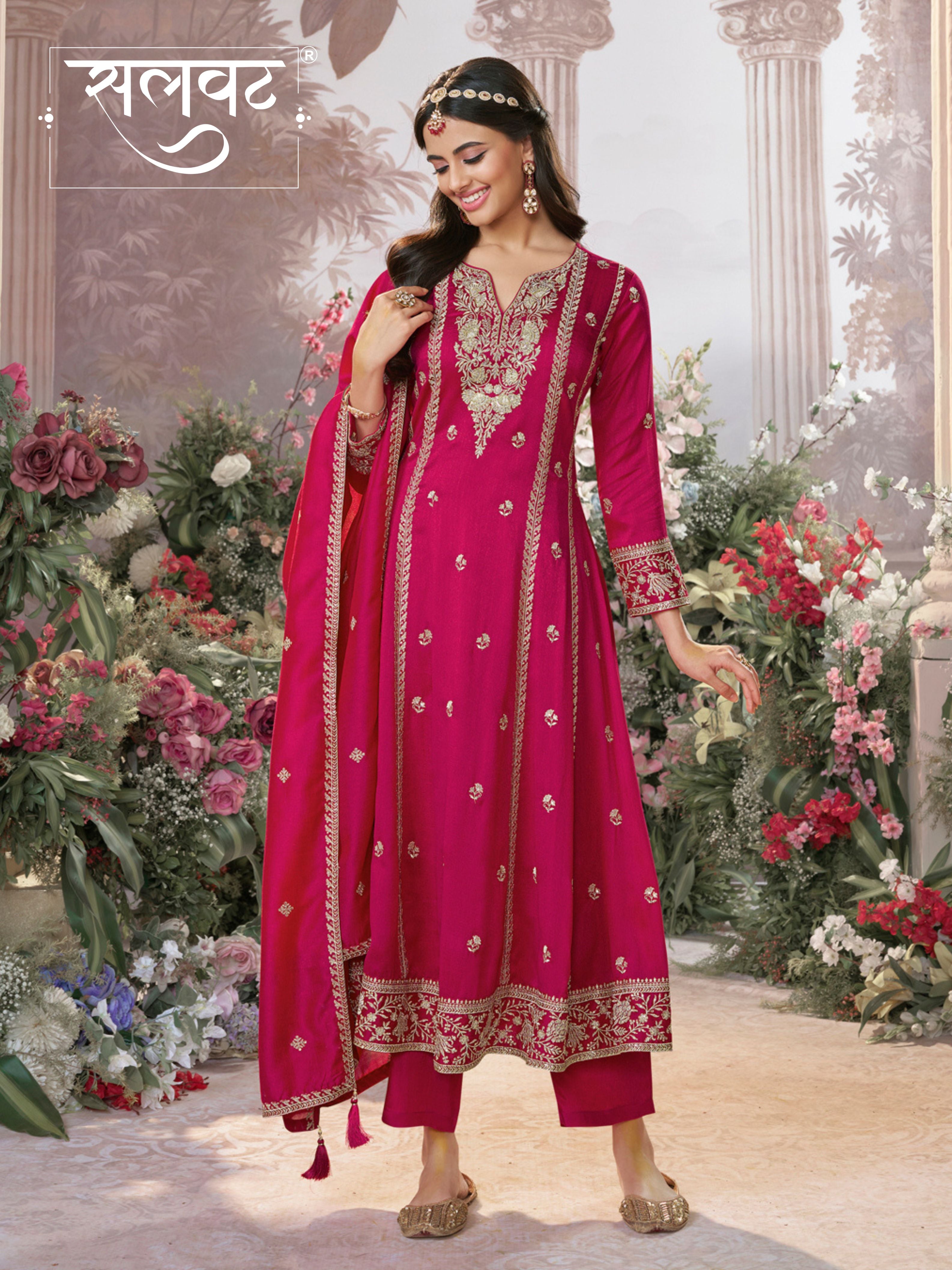 Hot Pink Vichitra Silk Kurta Suit Set with Embroidered Work Paired with Vichitra Silk Dupatta with Embroidered Work
