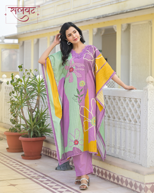 Lilac Abstract Printed Sequins Embellished Kaftan Set
