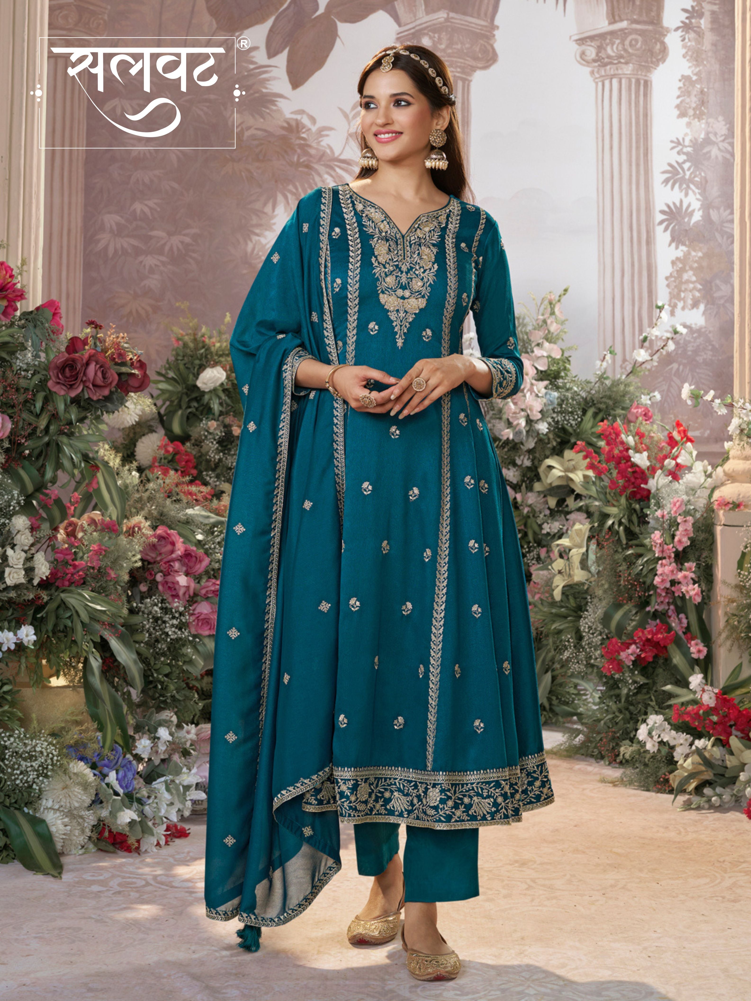 Blue Vichitra Silk Kurta Suit Set with Embroidered Work Paired with Vichitra Silk Dupatta with Embroidered Work