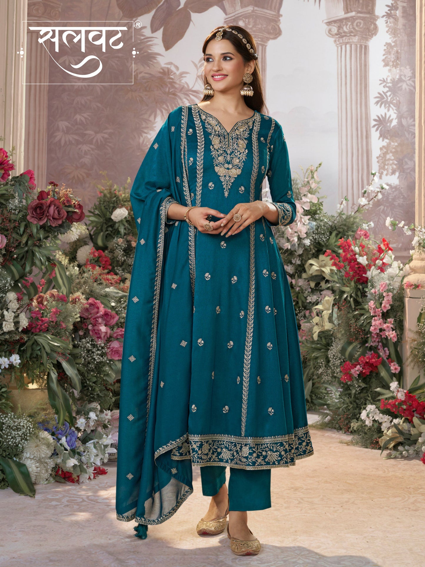 Blue Vichitra Silk Kurta Suit Set with Embroidered Work Paired with Vichitra Silk Dupatta with Embroidered Work