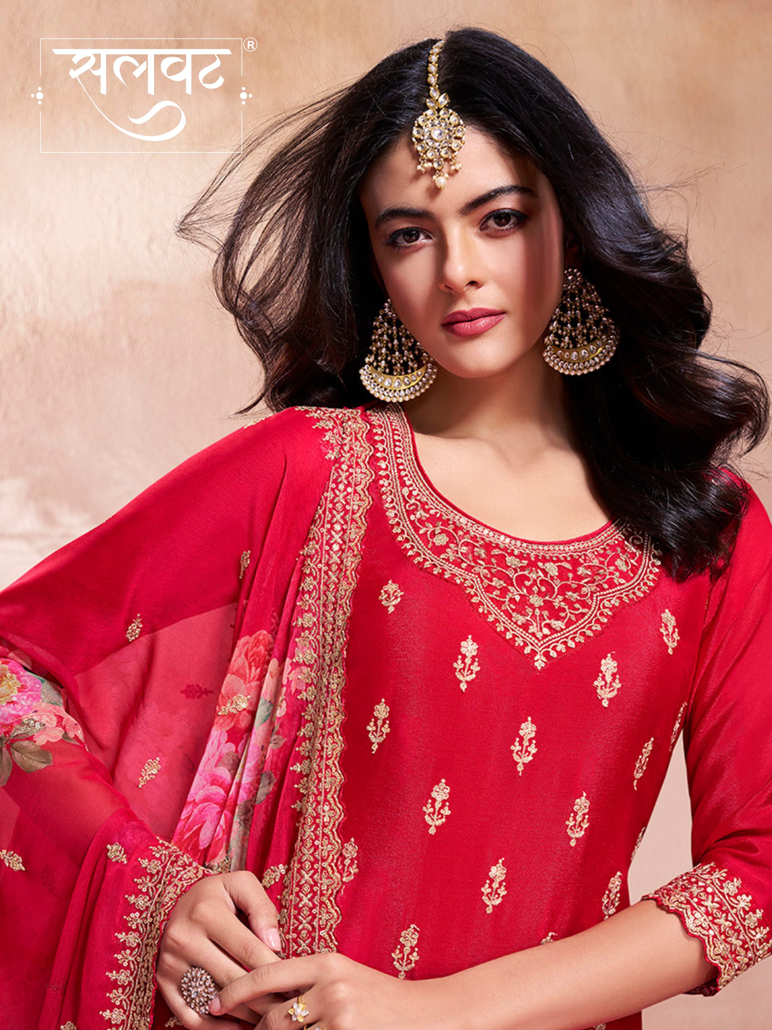 Red Butti Floral pattern Sequins Embroidered Sharara Suit Set