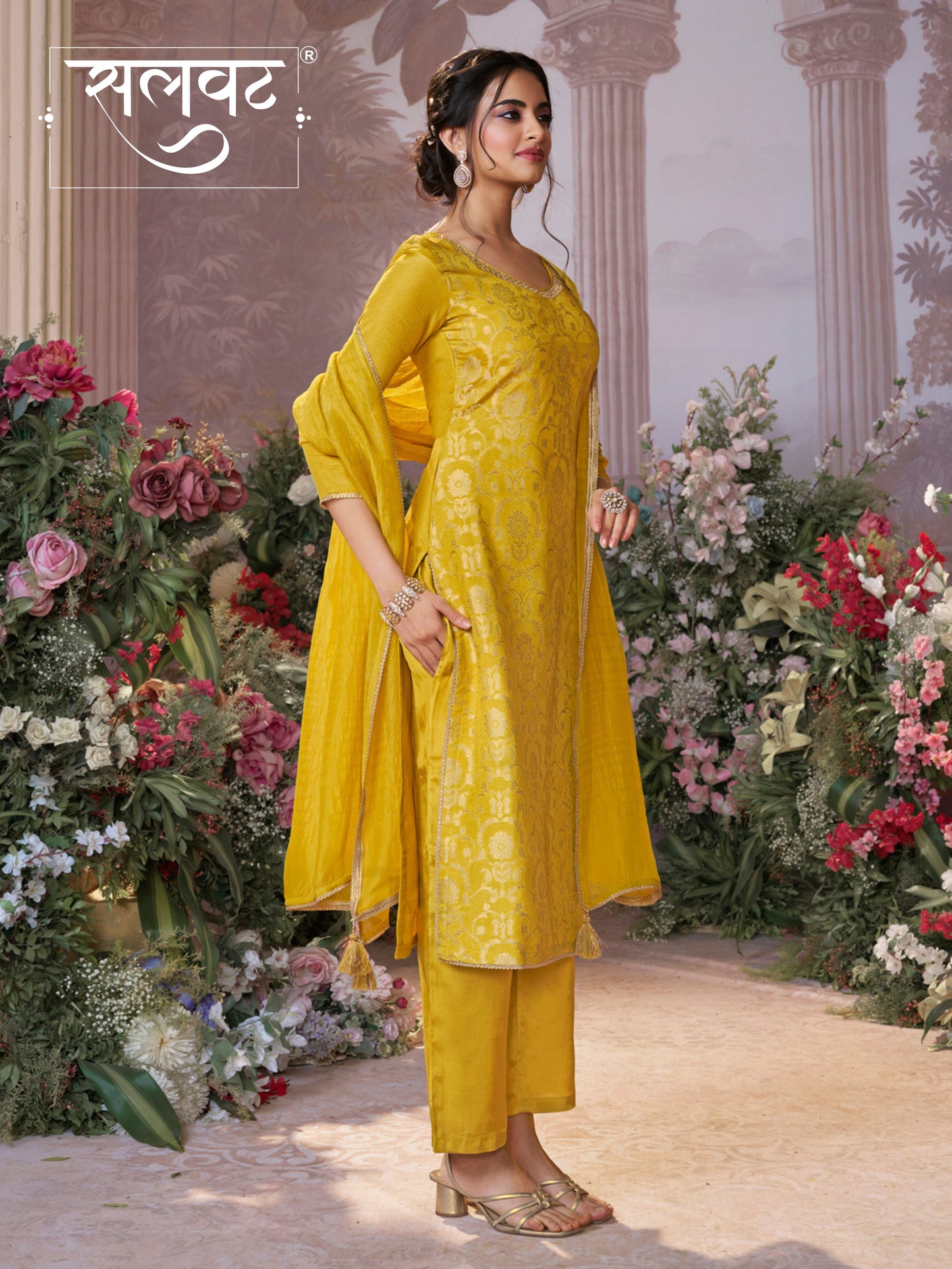 Yellow Chinon Kurta Set with Jacquard and Zari Work, Paired with an Organza Dupatta
