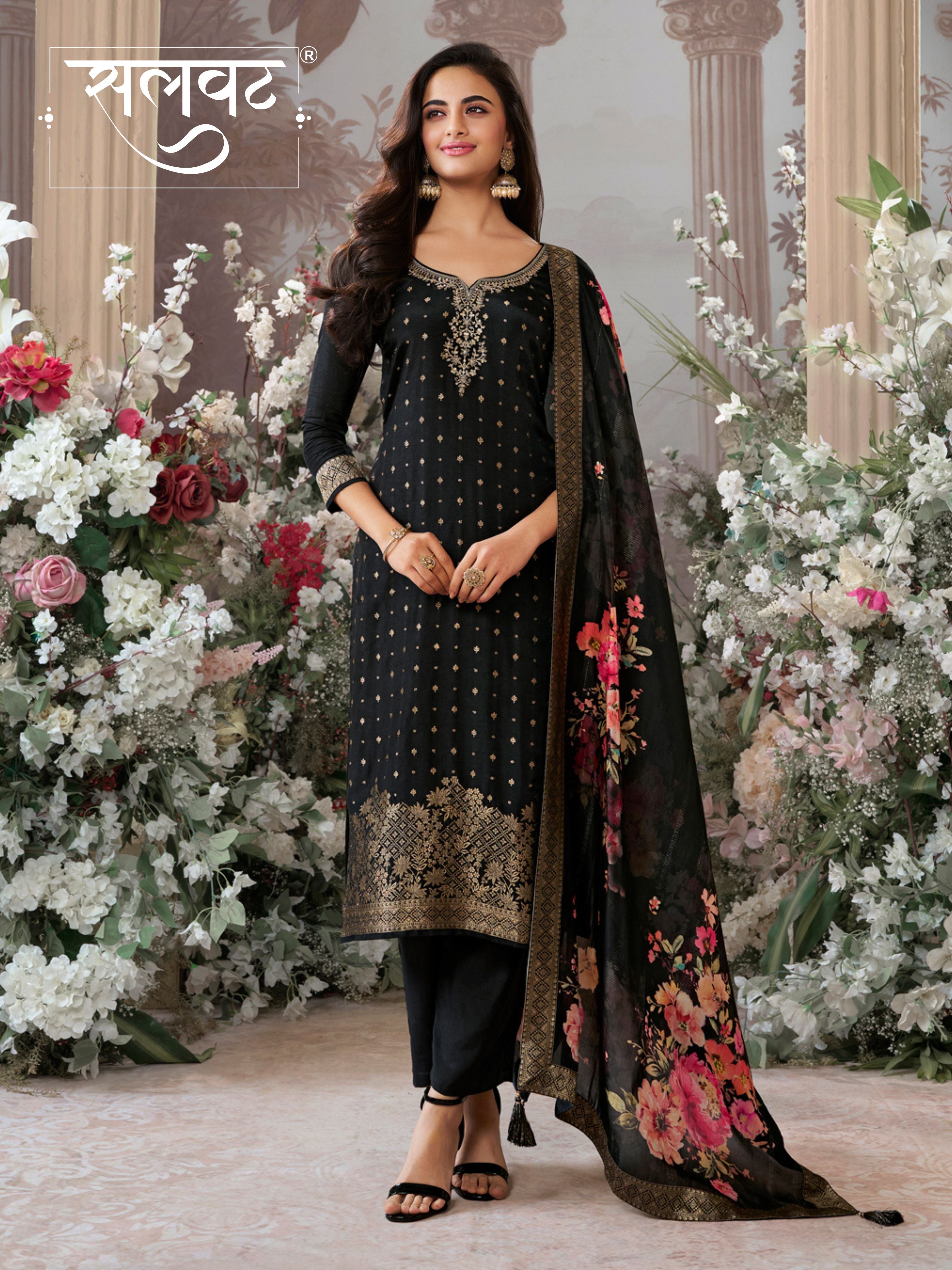 Black Dola Silk Kurta Set with Jacquard Detailing and Intricate Embroidery, Paired with a Cherry Silk Dupatta