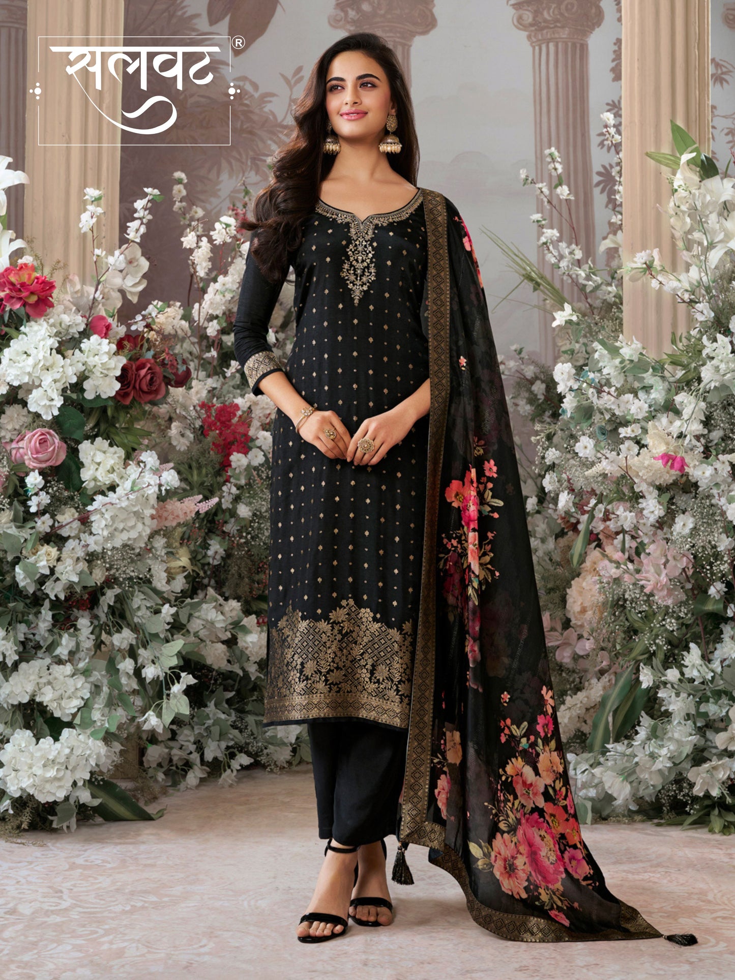 Black Dola Silk Kurta Set with Jacquard Detailing and Intricate Embroidery, Paired with a Cherry Silk Dupatta