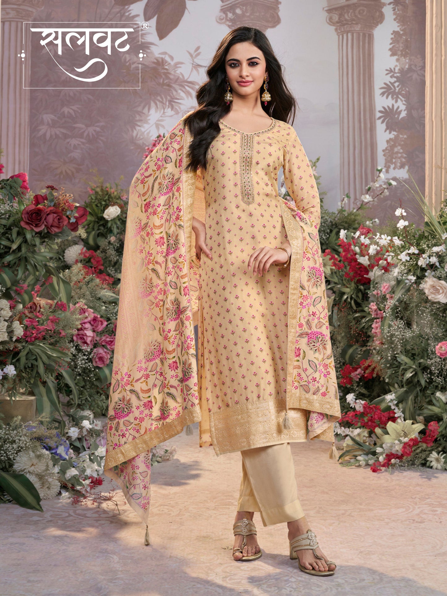 Off-White Russian Silk Kurta Set with Digital Print Work Paired with Russian Silk Digital Printed Duppatta