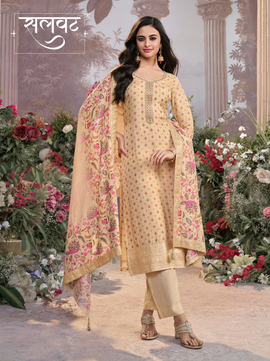 Off-White Russian Silk Kurta Set with Digital Print Work Paired with Russian Silk Digital Printed Duppatta