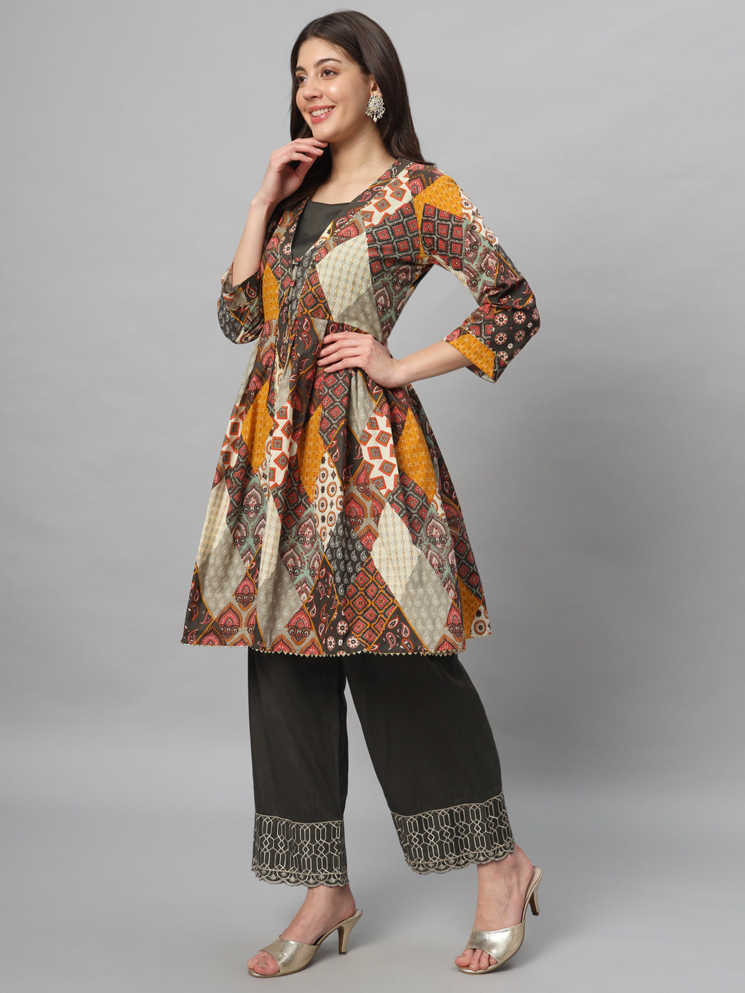 Espresso Brown & Musturd  Blockprinted Shrug Set