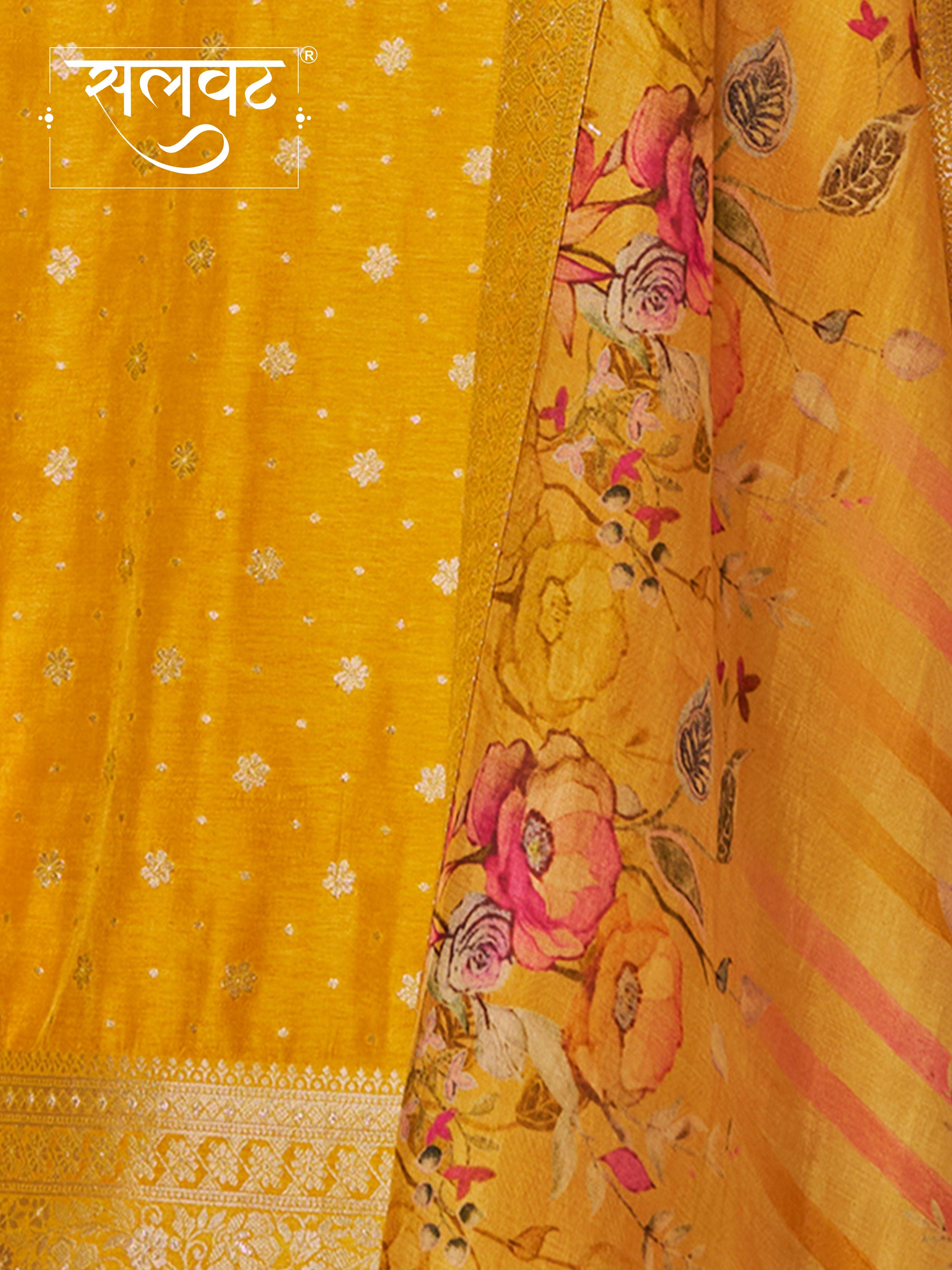 Yellow Dola Silk Kurta Set with Jacquard Detailing and Intricate Embroidery, Paired with a Cherry Silk Dupatta