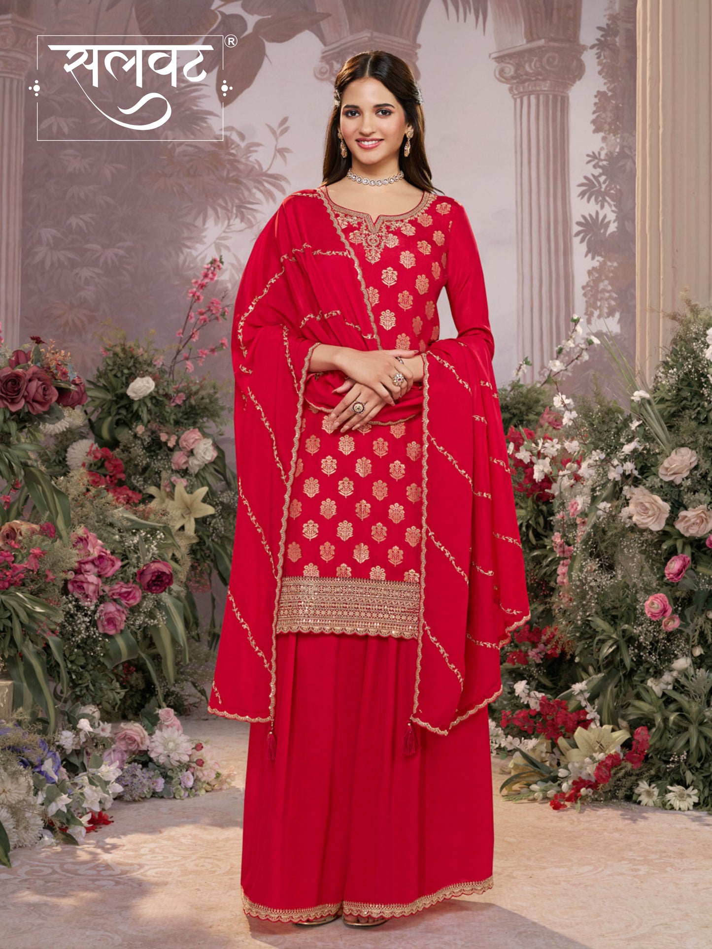 Red Dola Silk Meena Jacquard Kurta Set Paired With Embroidered Sharara Suit Set