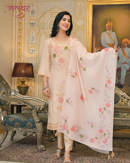 Light Caramel Embroidered Kurta Set With Printed Dupatta