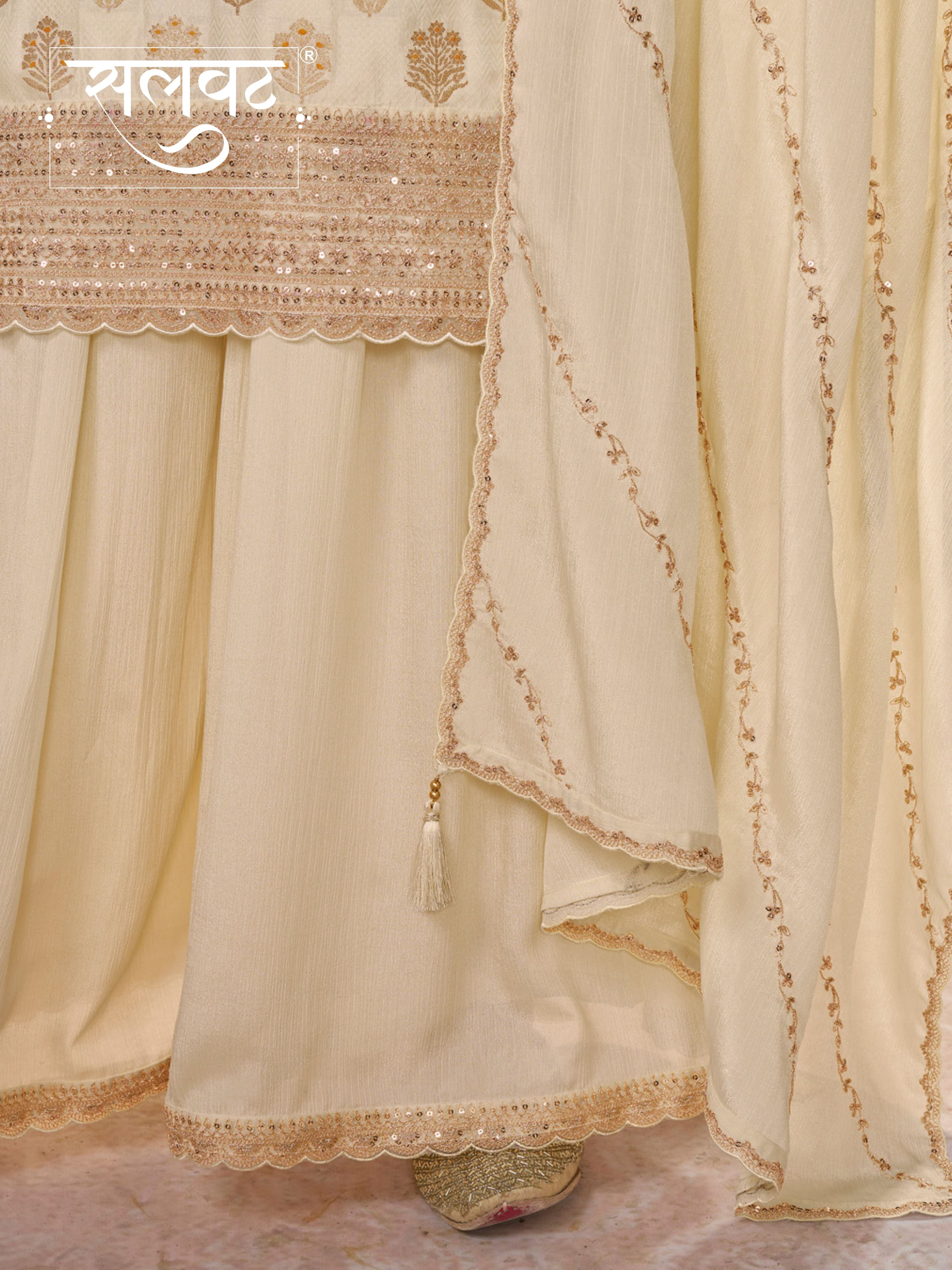 White Dola Silk Meena Jacquard Kurta Set Paired With Embroidered Sharara Suit Set