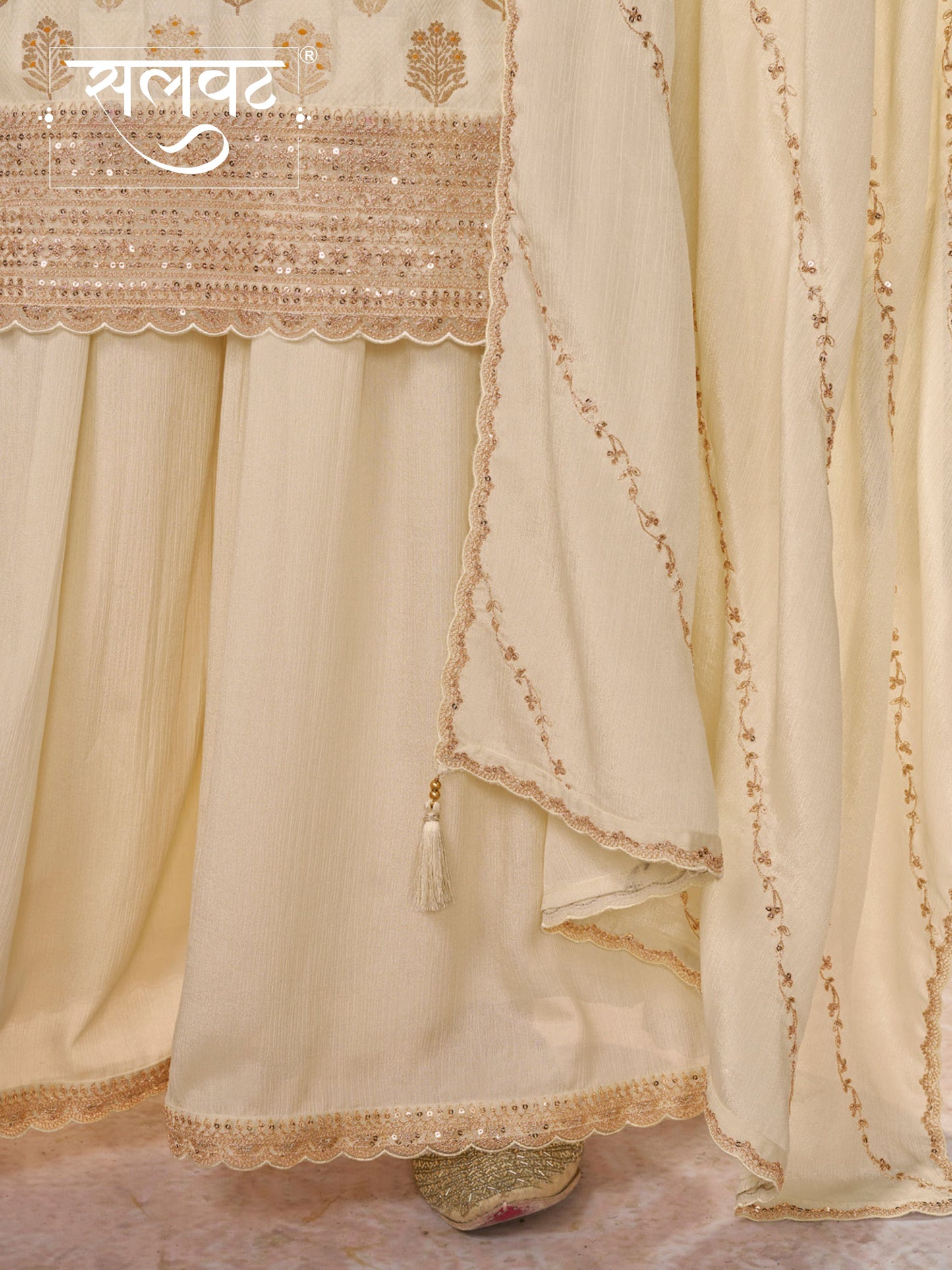 White Dola Silk Meena Jacquard Kurta Set Paired With Embroidered Sharara Suit Set