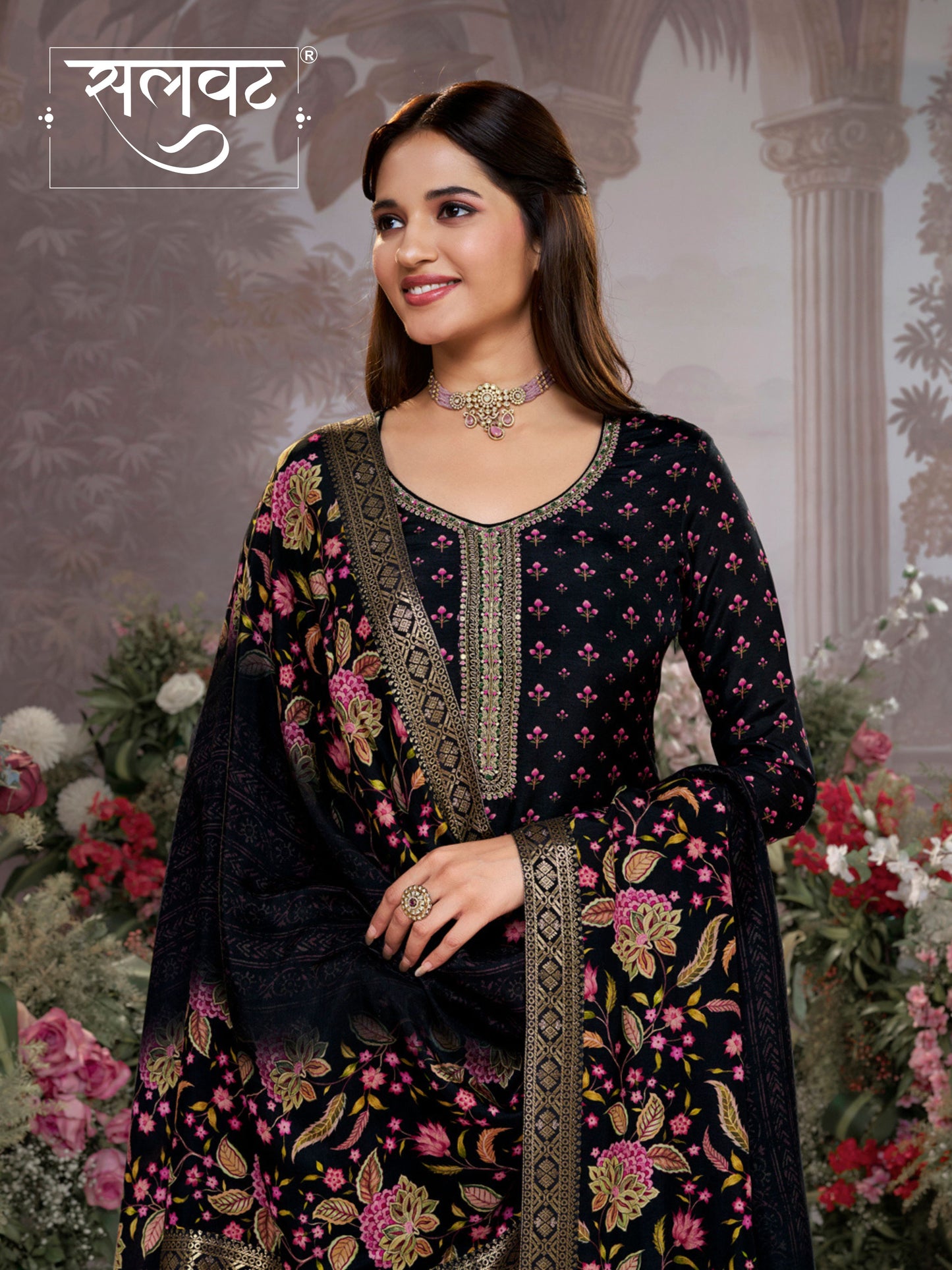 Black Russian Silk Kurta Set with Digital Print Work Paired with Russian Silk Digital Printed Duppatta