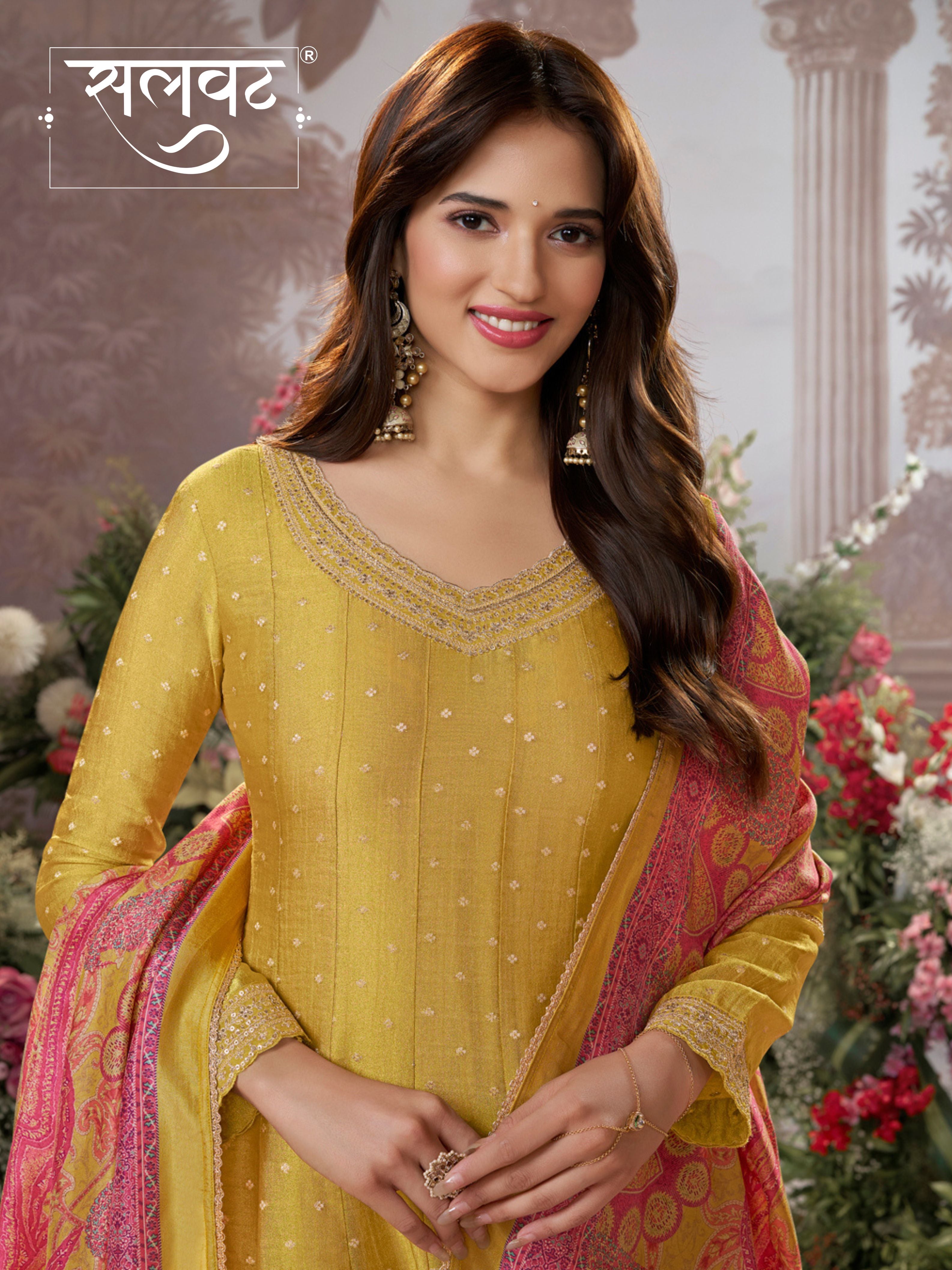 Mustard Tissue Silk Embroidered Anarkali Suit Set with Contrast Digital Print Russian Silk Dupatta