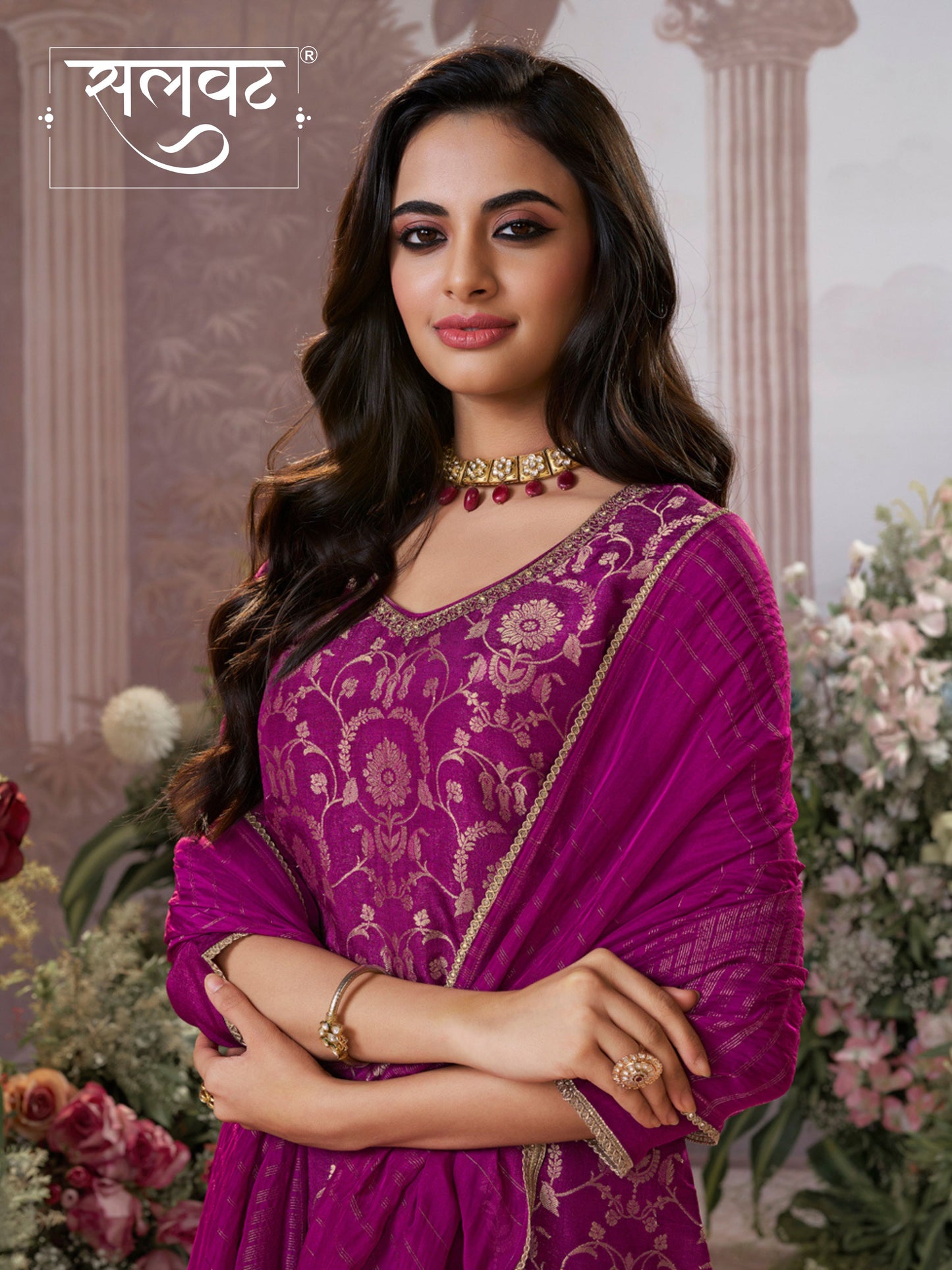 Pansy Purple Chinon Kurta Set with Jacquard and Zari Work, Paired with an Organza Dupatta