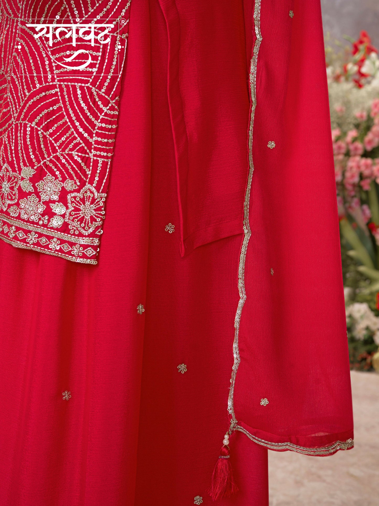 Red Chinon Embroidered Sharara Suit with Butti Work and Sequins Scalloped Border Dupatta