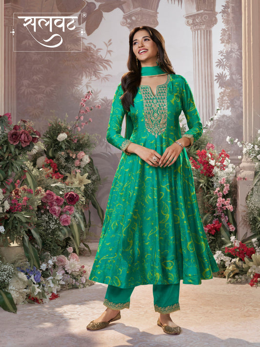 Green Digital Printed Mirror Embroidered Anarkali Suit Set