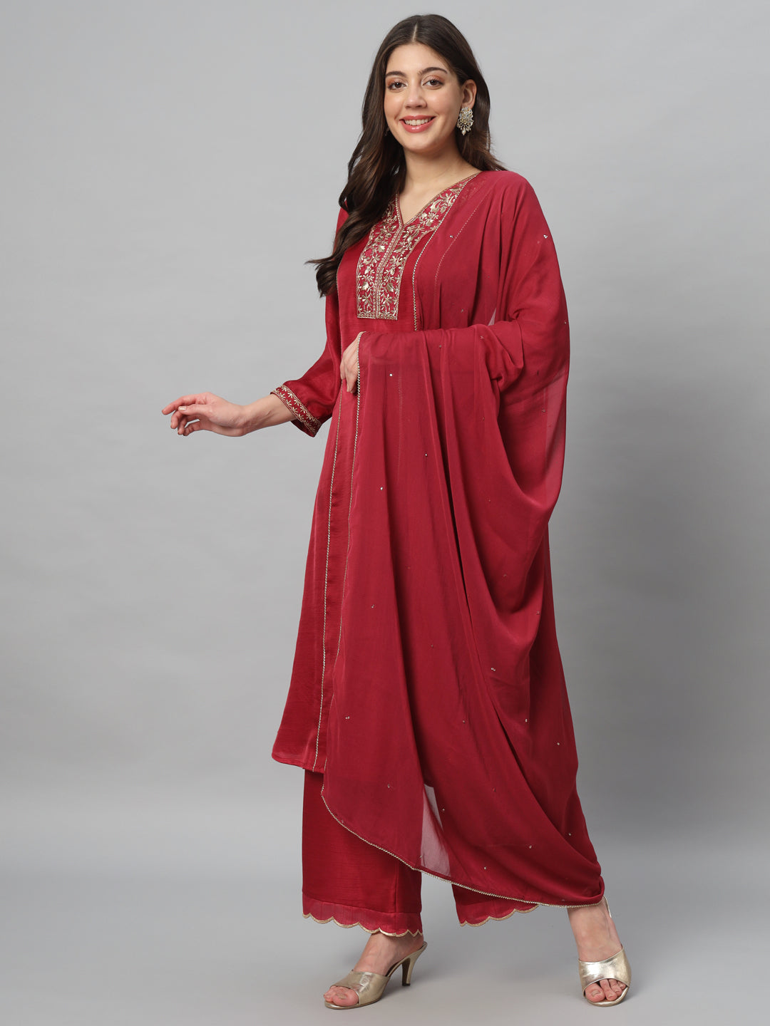 Maroon Embroidery Viscose Kurta Sets