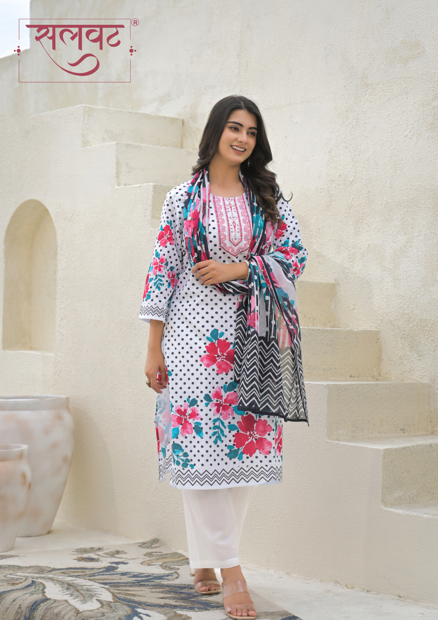 White & Black Polka Dots Printed Handwork Kurta Set With Printed Dupatta