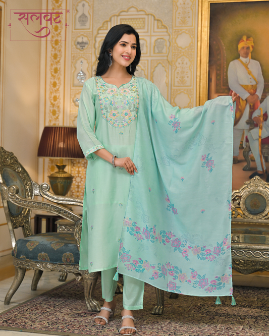 Seafoam Green Embroidered Kurta Set With Printed Dupatta