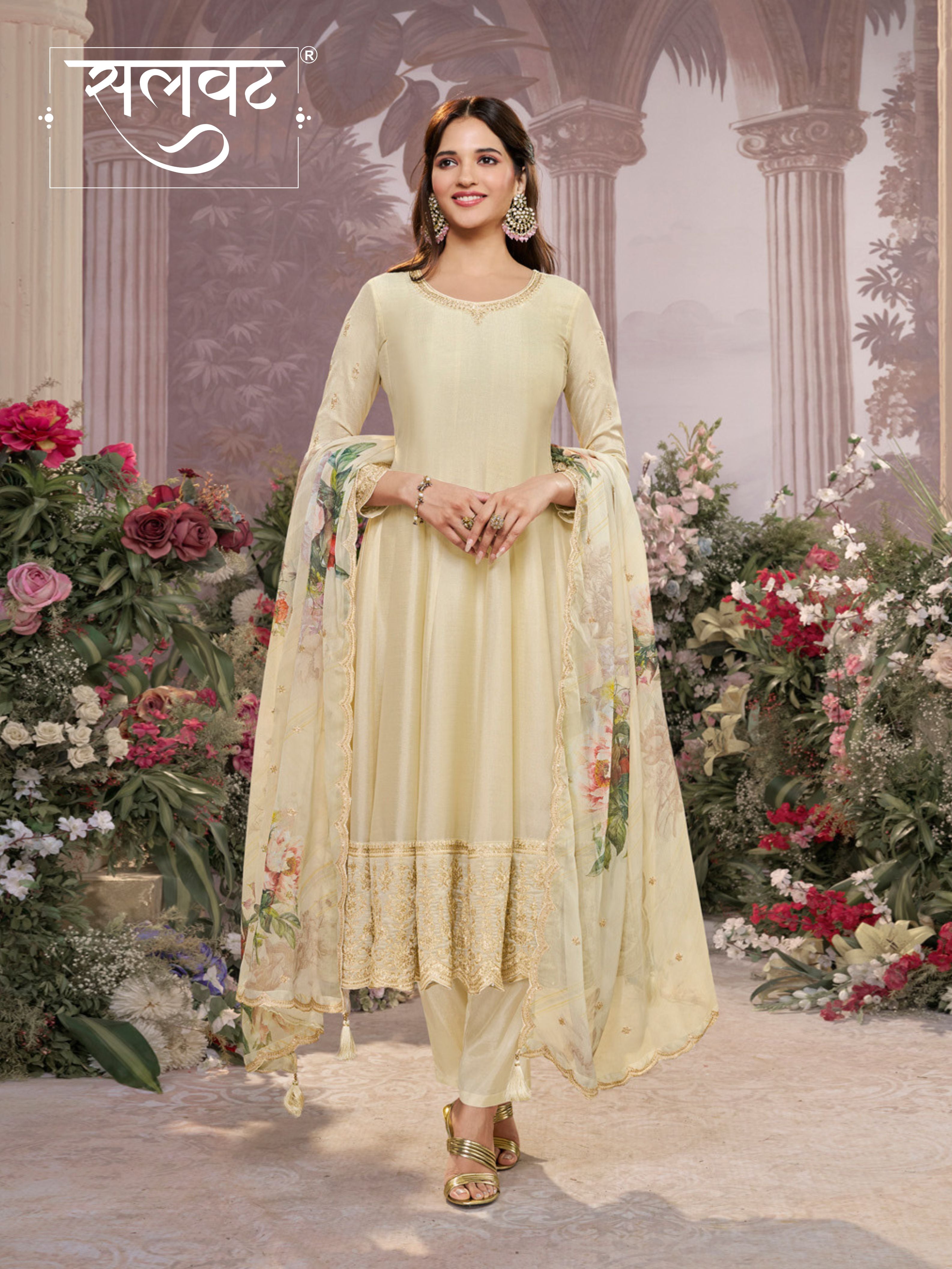 Off-White Vichitra Silk Embroidered Anarkali Set with Digital Printed Chiffon Dupatta